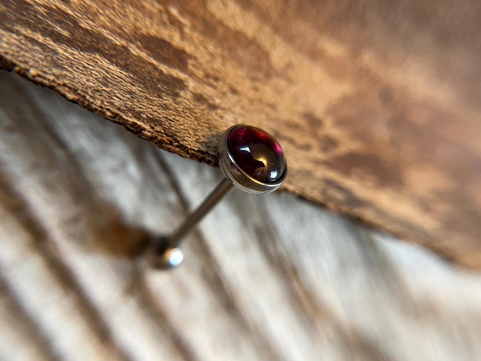 Genuine Natural Red Garnet Stone Tongue Ring Barbell 14G (1.6mm) Piercing Custom Length Bar Bezel Set Hypoallergenic 316L Surgical Steel