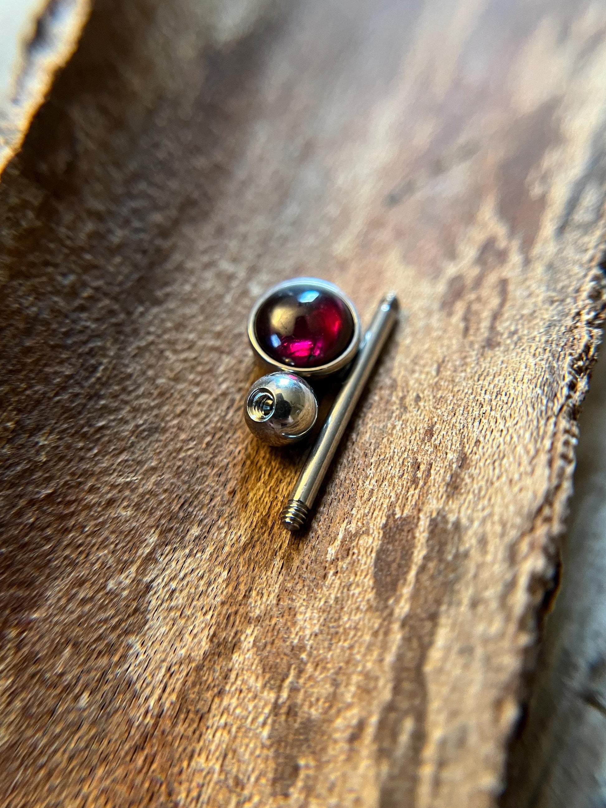 Genuine Natural Red Garnet Stone Tongue Ring Barbell 14G (1.6mm) Piercing Custom Length Bar Bezel Set Hypoallergenic 316L Surgical Steel