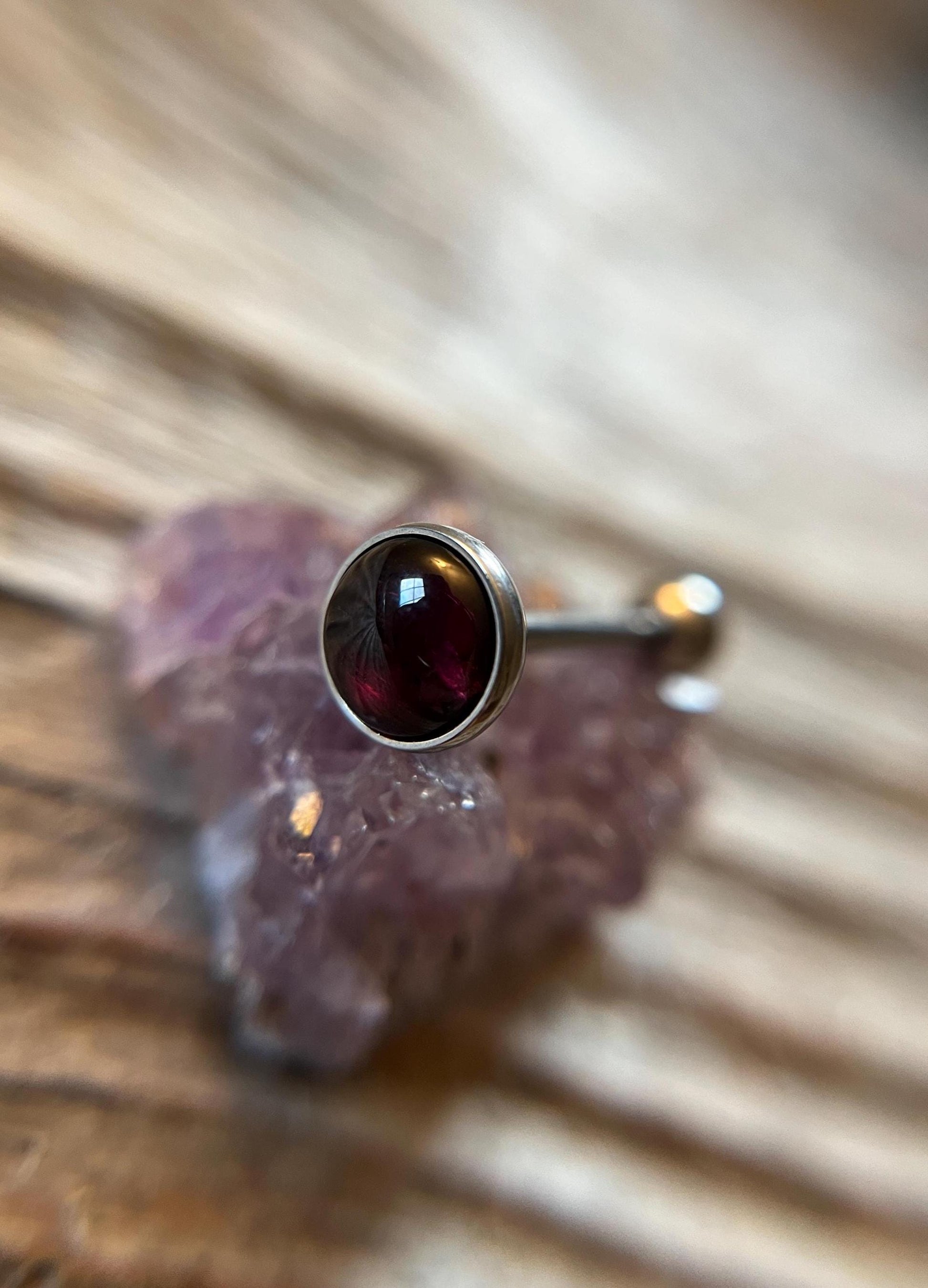 Genuine Natural Red Garnet Stone Tongue Ring Barbell 14G (1.6mm) Piercing Custom Length Bar Bezel Set Hypoallergenic 316L Surgical Steel