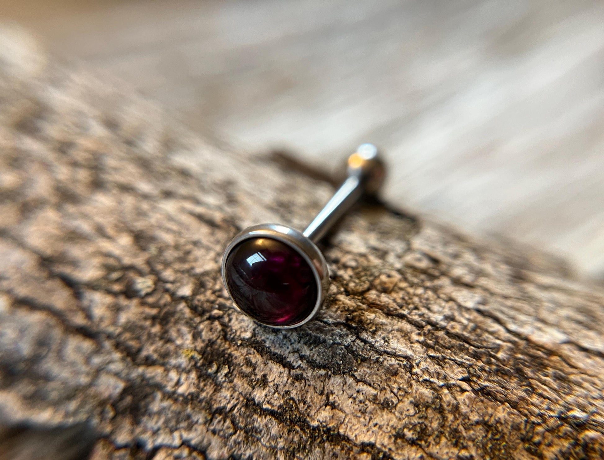 Genuine Natural Red Garnet Stone Tongue Ring Barbell 14G (1.6mm) Piercing Custom Length Bar Bezel Set Hypoallergenic 316L Surgical Steel