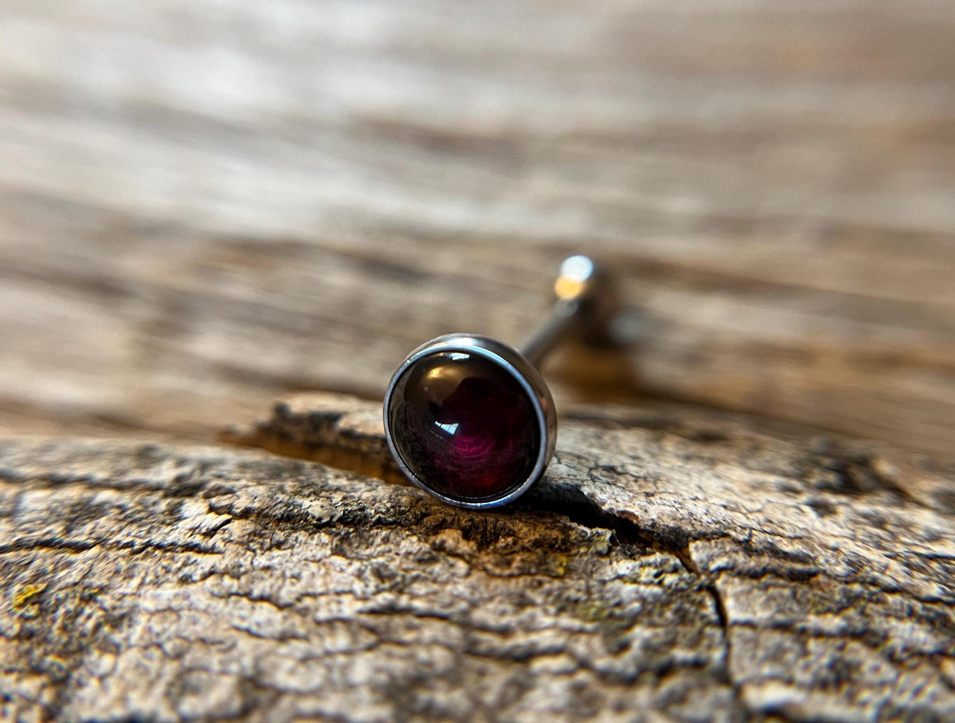Genuine Natural Red Garnet Stone Tongue Ring Barbell 14G (1.6mm) Piercing Custom Length Bar Bezel Set Hypoallergenic 316L Surgical Steel