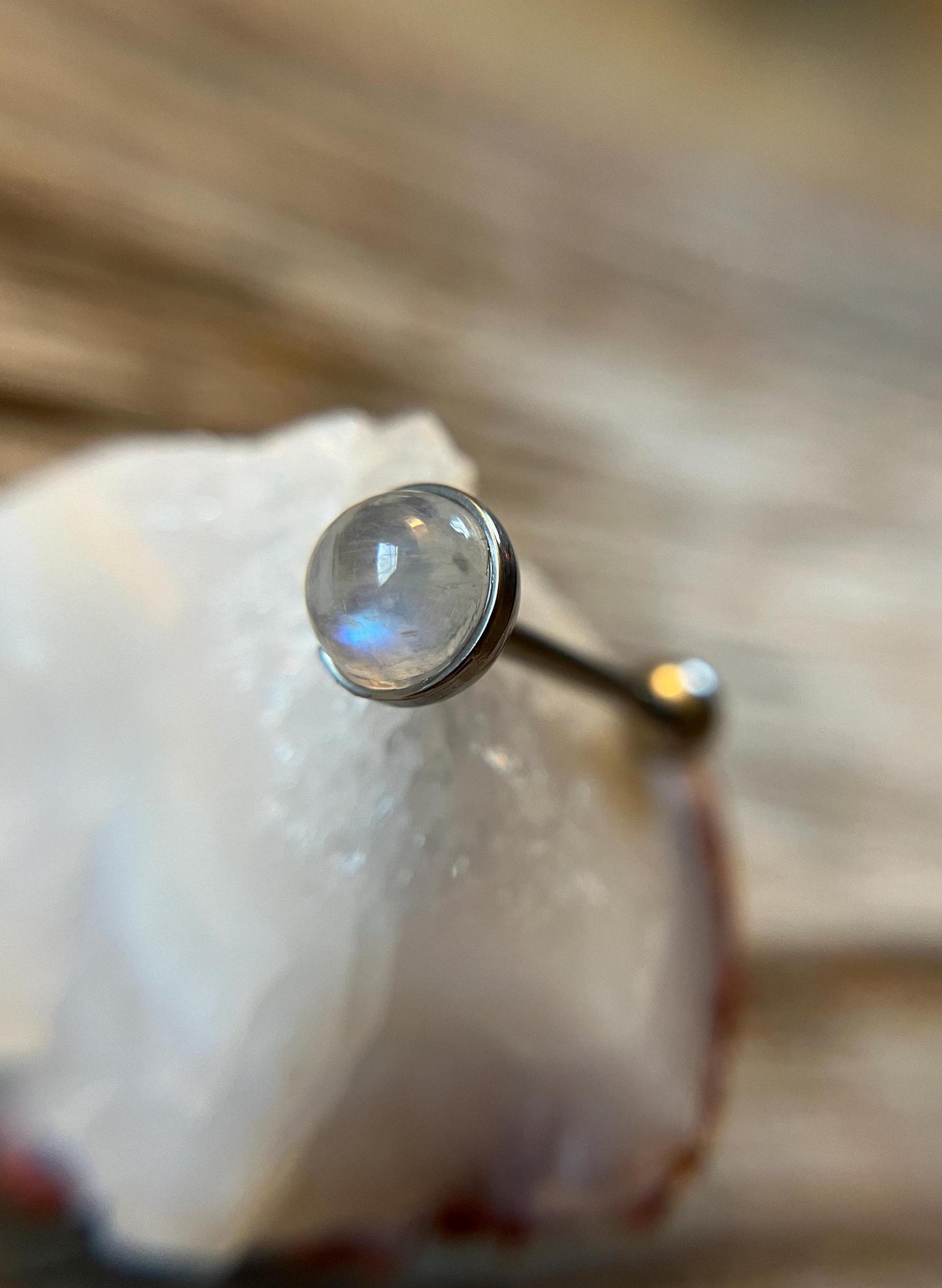 Genuine Natural Moonstone Tongue Ring Barbell 14G (1.6mm) Piercing Custom Length Bar Bezel Set Hypoallergenic 316L Surgical Steel