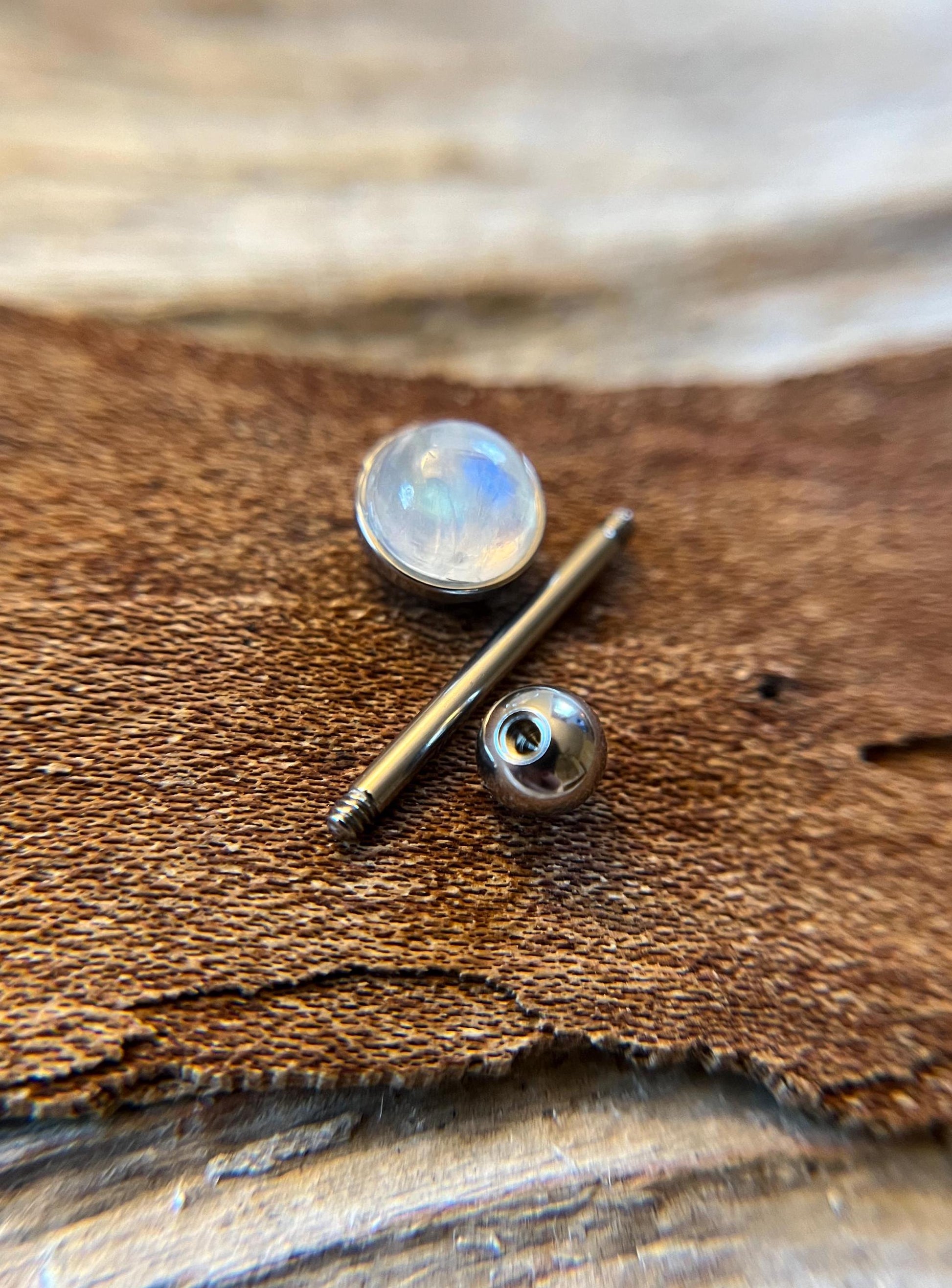 Genuine Natural Moonstone Tongue Ring Barbell 14G (1.6mm) Piercing Custom Length Bar Bezel Set Hypoallergenic 316L Surgical Steel