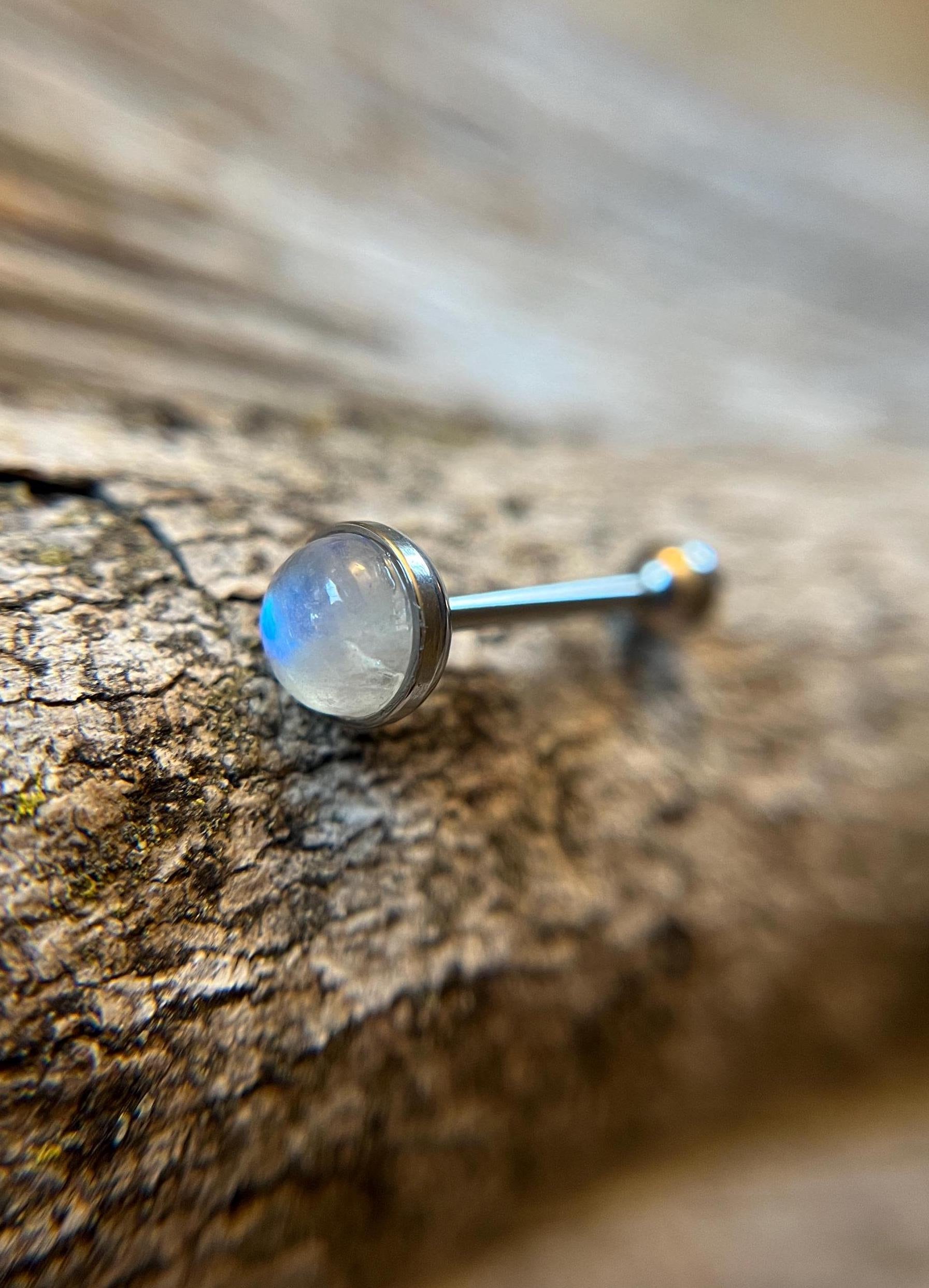 Genuine Natural Moonstone Tongue Ring Barbell 14G (1.6mm) Piercing Custom Length Bar Bezel Set Hypoallergenic 316L Surgical Steel