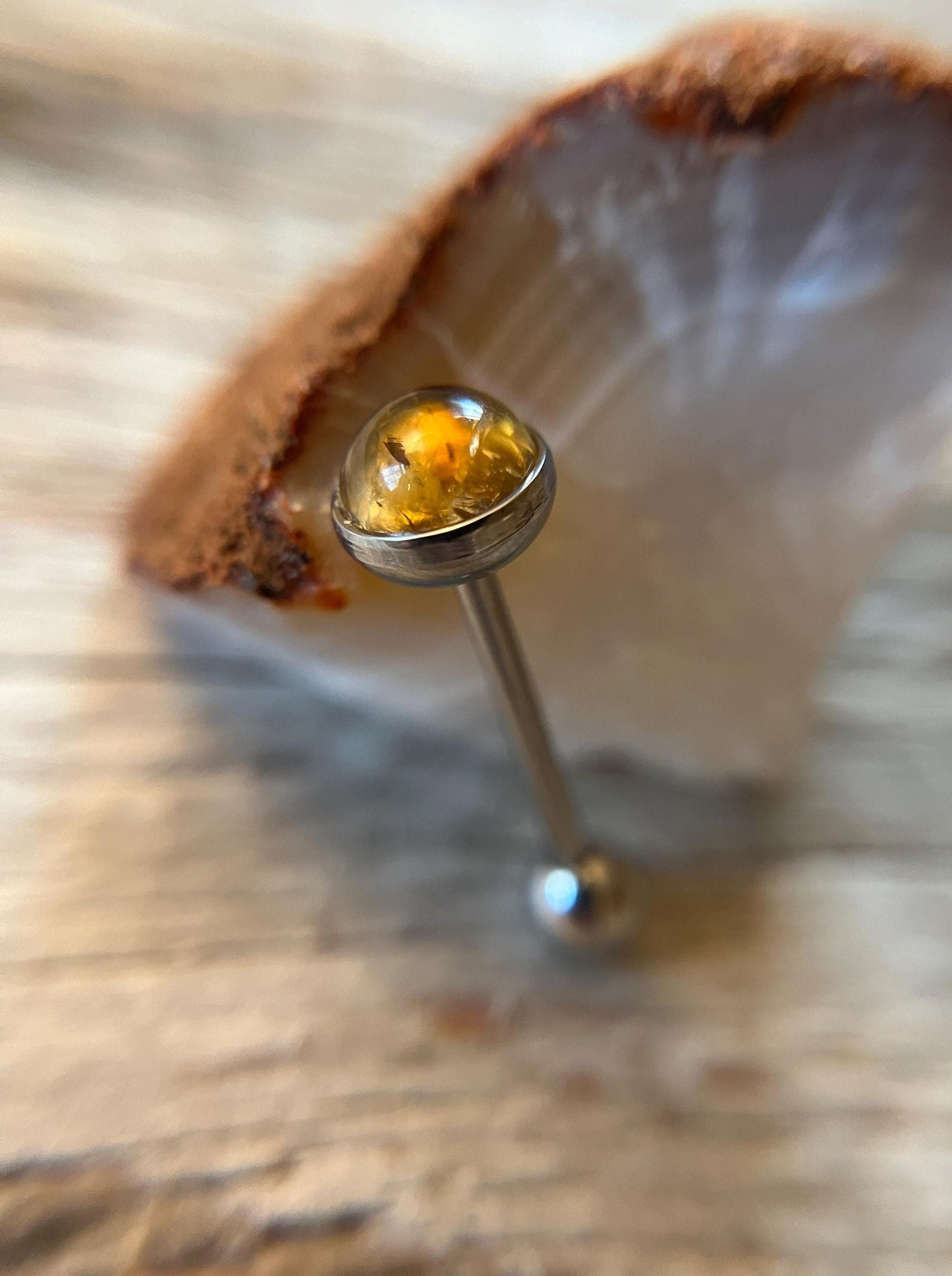 Natural Golden Citrine Stone Tongue Ring Barbell 14G (1.6mm) Piercing Custom Length Bar Bezel Set Hypoallergenic 316L Surgical Steel Crystal