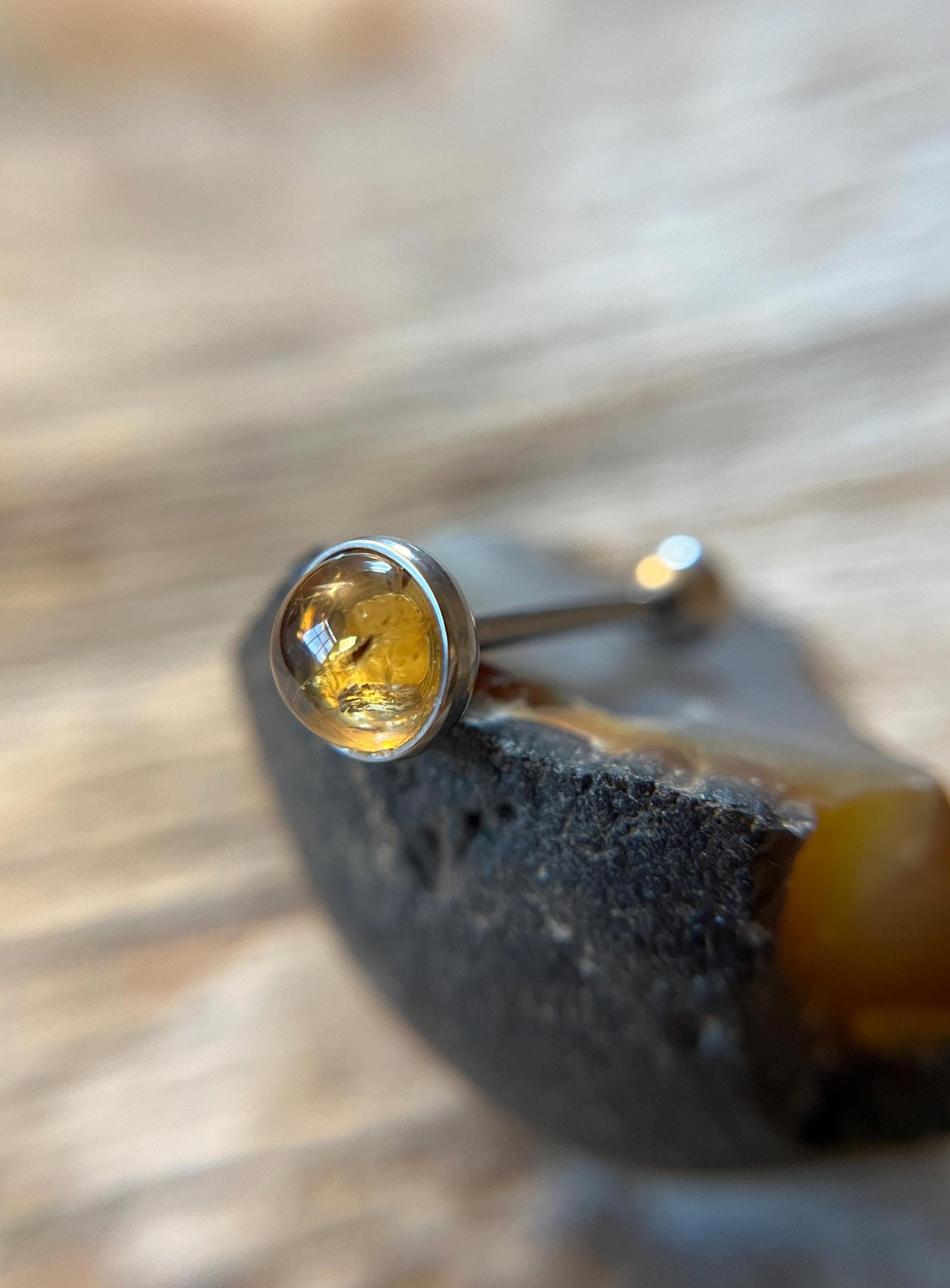 Natural Golden Citrine Stone Tongue Ring Barbell 14G (1.6mm) Piercing Custom Length Bar Bezel Set Hypoallergenic 316L Surgical Steel Crystal