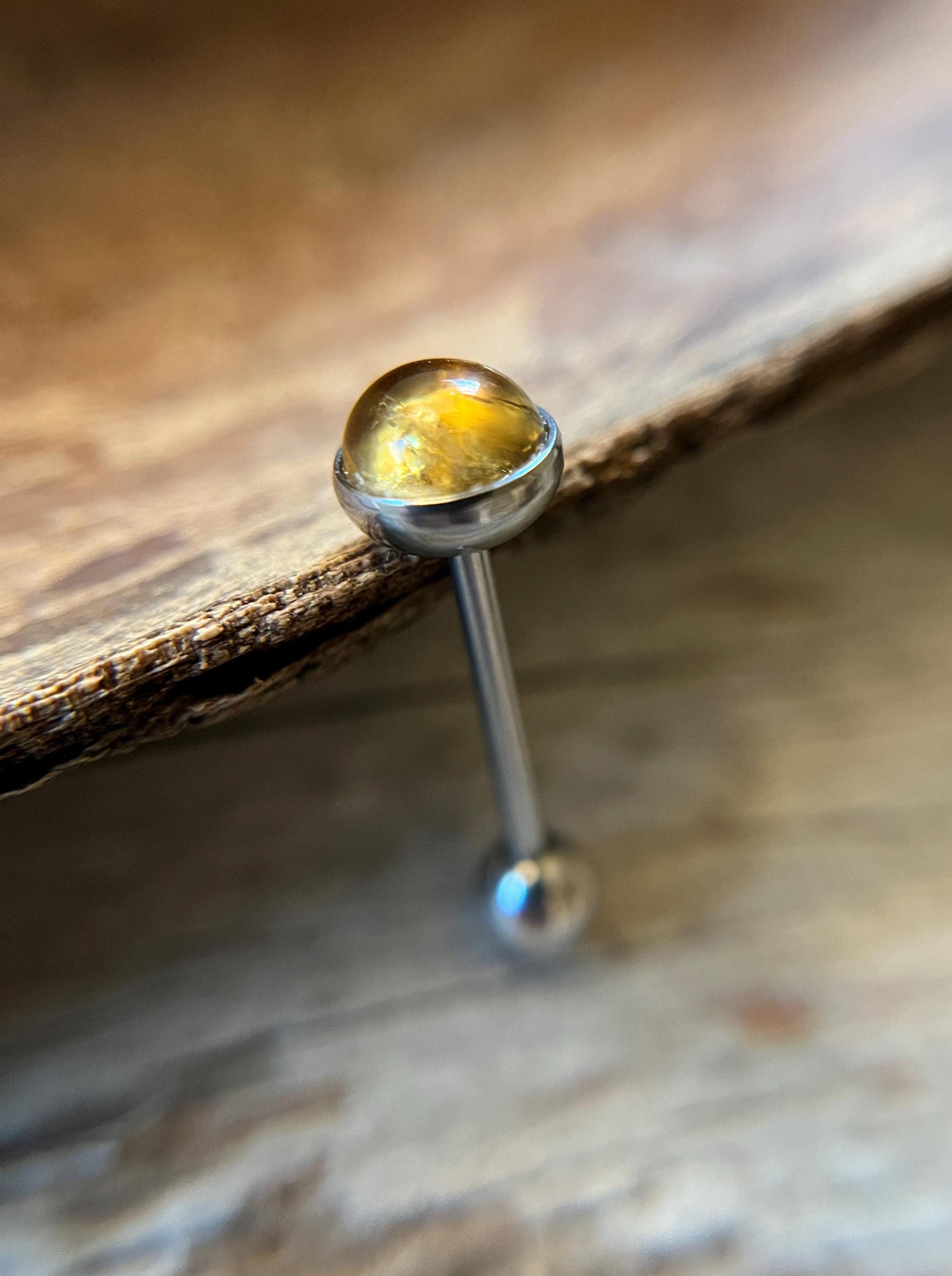 Natural Golden Citrine Stone Tongue Ring Barbell 14G (1.6mm) Piercing Custom Length Bar Bezel Set Hypoallergenic 316L Surgical Steel Crystal