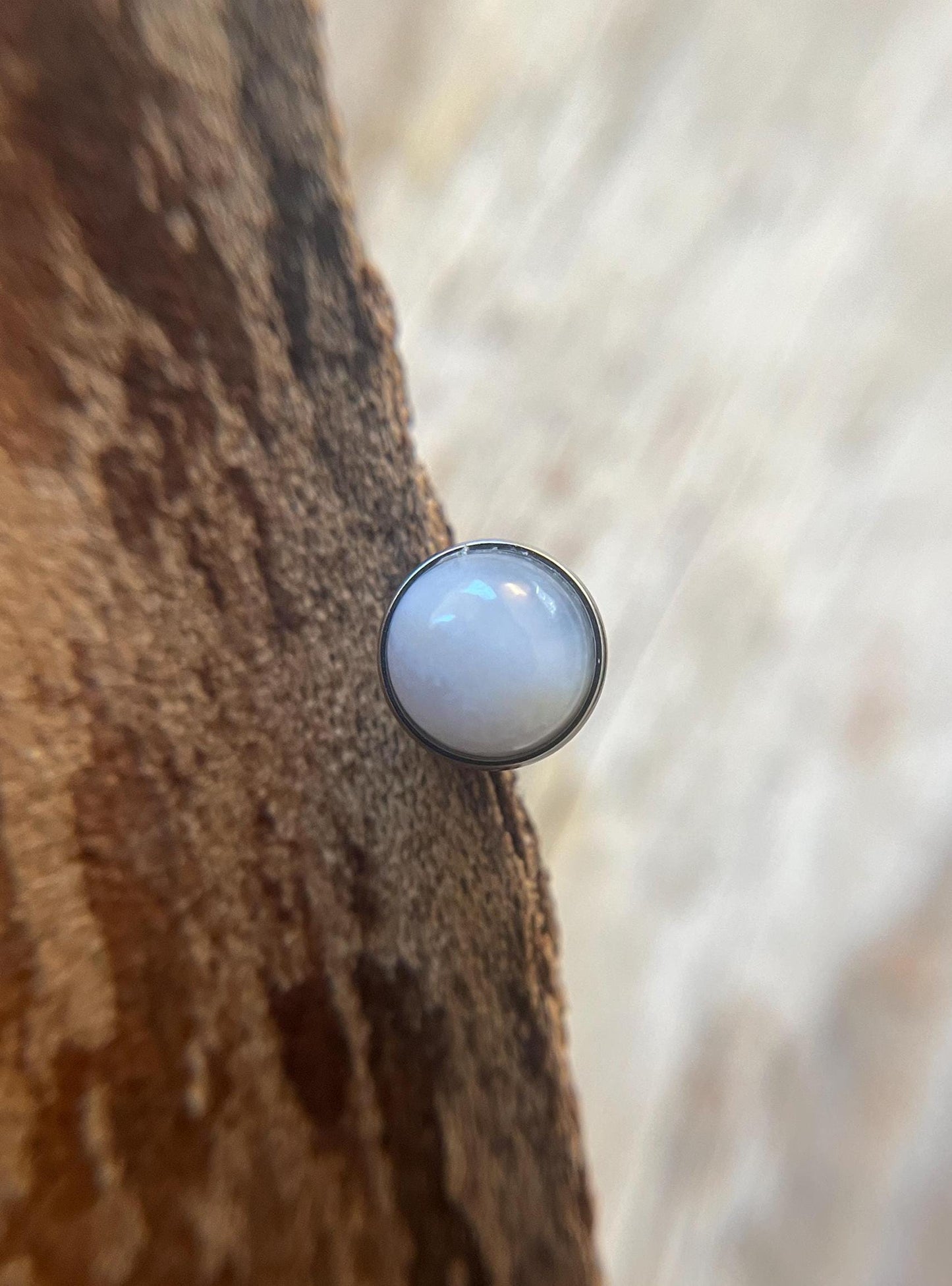 Natural Blue Gray Agate Stone Tongue Ring Barbell 14G (1.6mm) Piercing Custom Length Bar Bezel Set Hypoallergenic 316L Surgical Steel