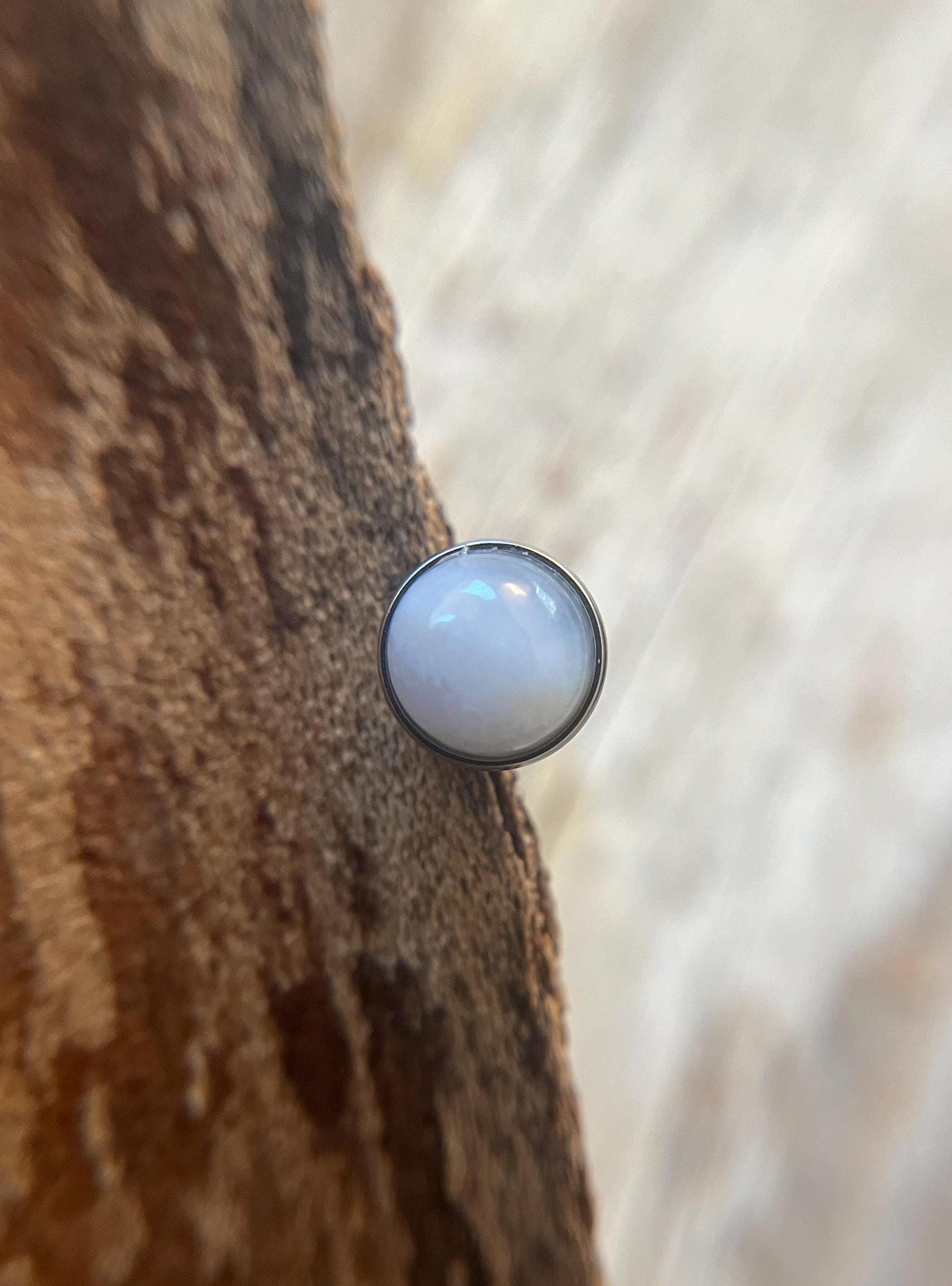 Natural Blue Gray Agate Stone Tongue Ring Barbell 14G (1.6mm) Piercing Custom Length Bar Bezel Set Hypoallergenic 316L Surgical Steel