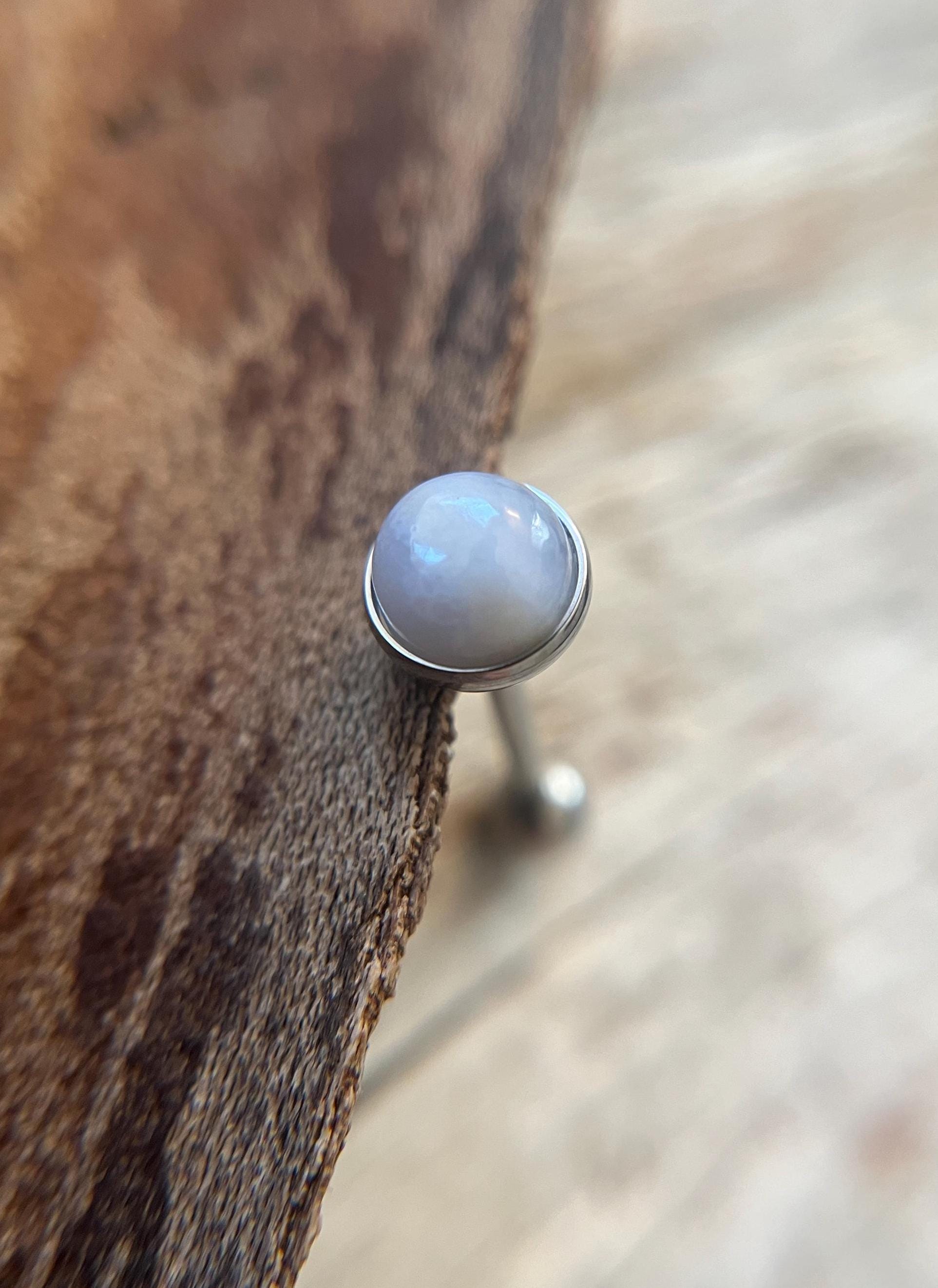 Natural Blue Gray Agate Stone Tongue Ring Barbell 14G (1.6mm) Piercing Custom Length Bar Bezel Set Hypoallergenic 316L Surgical Steel