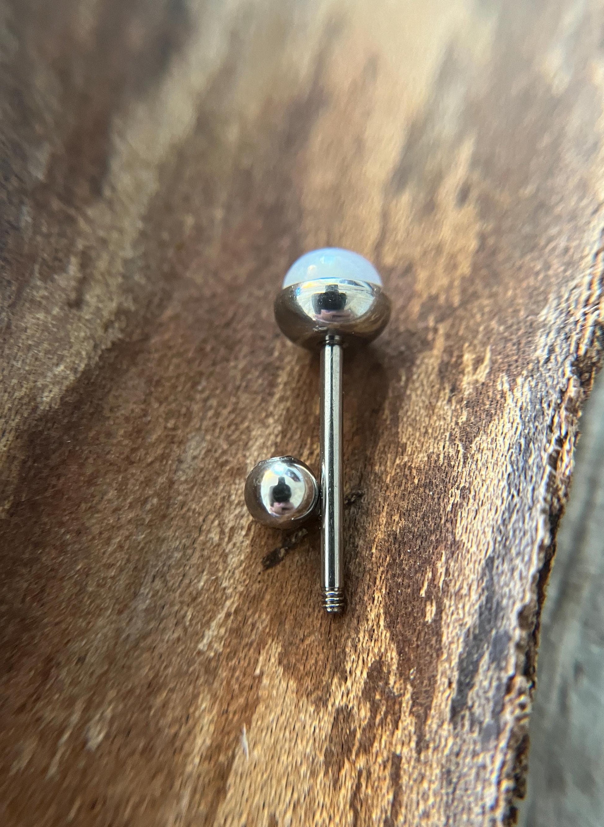 Natural Blue Gray Agate Stone Tongue Ring Barbell 14G (1.6mm) Piercing Custom Length Bar Bezel Set Hypoallergenic 316L Surgical Steel