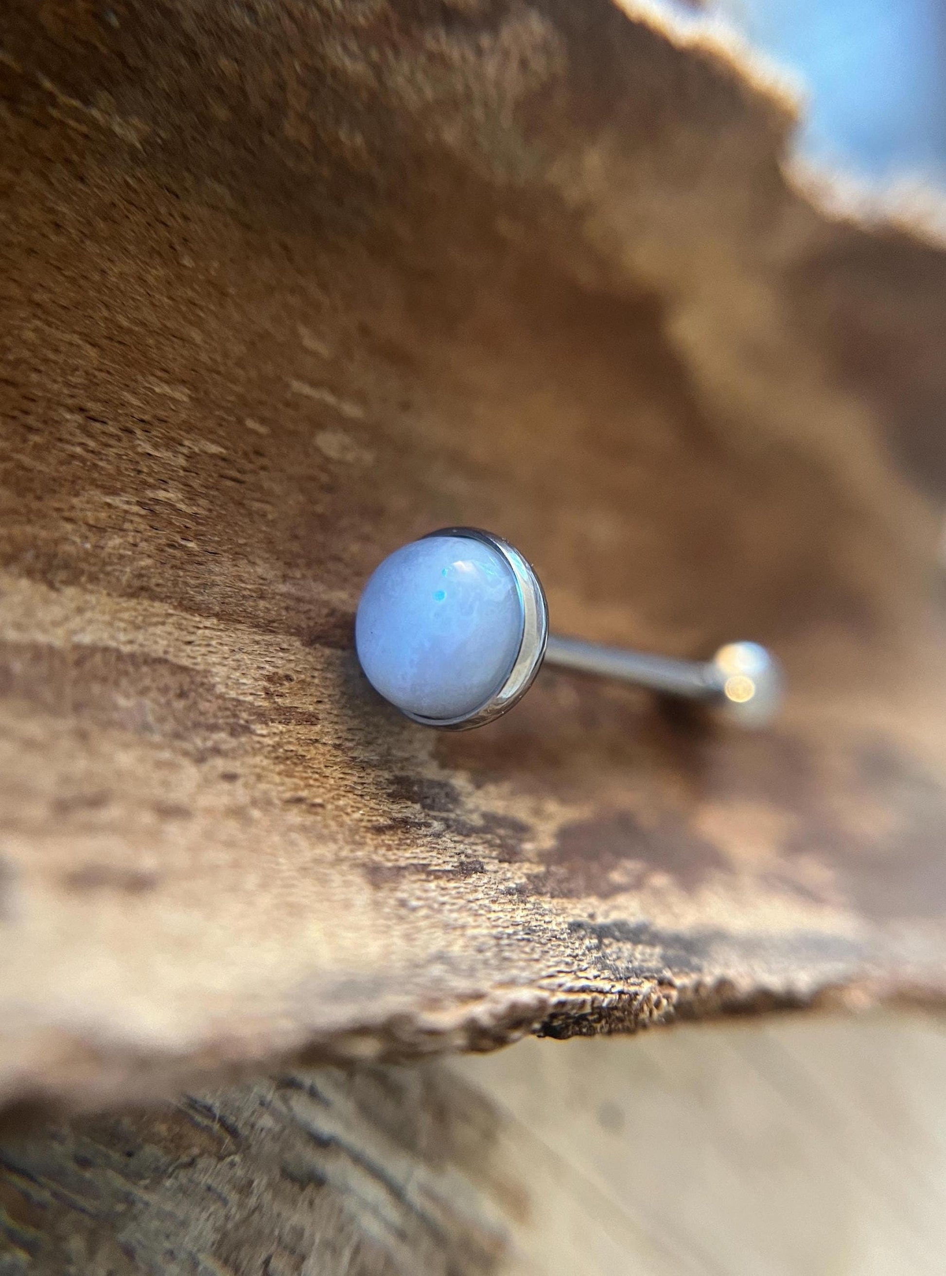 Natural Blue Gray Agate Stone Tongue Ring Barbell 14G (1.6mm) Piercing Custom Length Bar Bezel Set Hypoallergenic 316L Surgical Steel