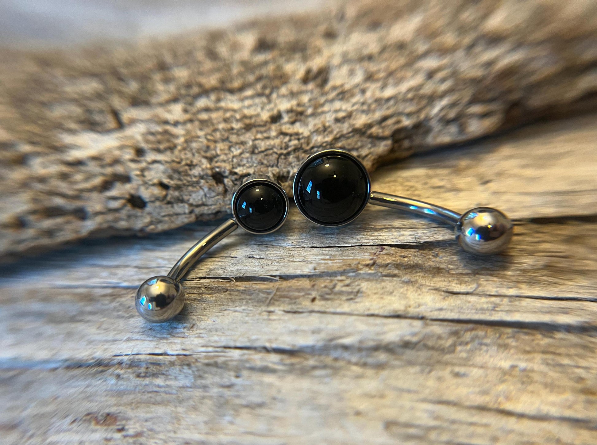 Natural Black Obsidian Volcanic Glass Belly Ring Floating Navel VCH Piercing Barbell 14G (1.6mm) Custom Length Bar Bezel Set Surgical Steel