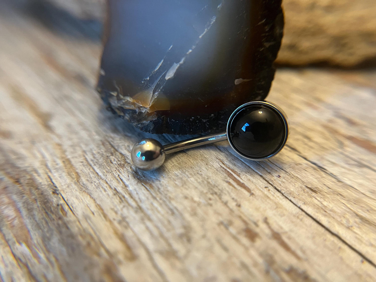 Natural Black Obsidian Volcanic Glass Belly Ring Floating Navel VCH Piercing Barbell 14G (1.6mm) Custom Length Bar Bezel Set Surgical Steel