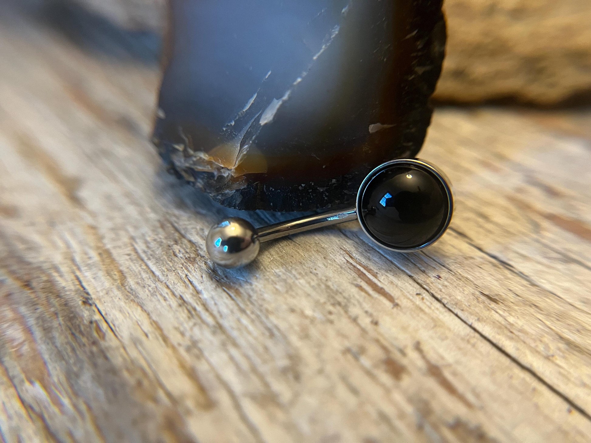 Natural Black Obsidian Volcanic Glass Belly Ring Floating Navel VCH Piercing Barbell 14G (1.6mm) Custom Length Bar Bezel Set Surgical Steel