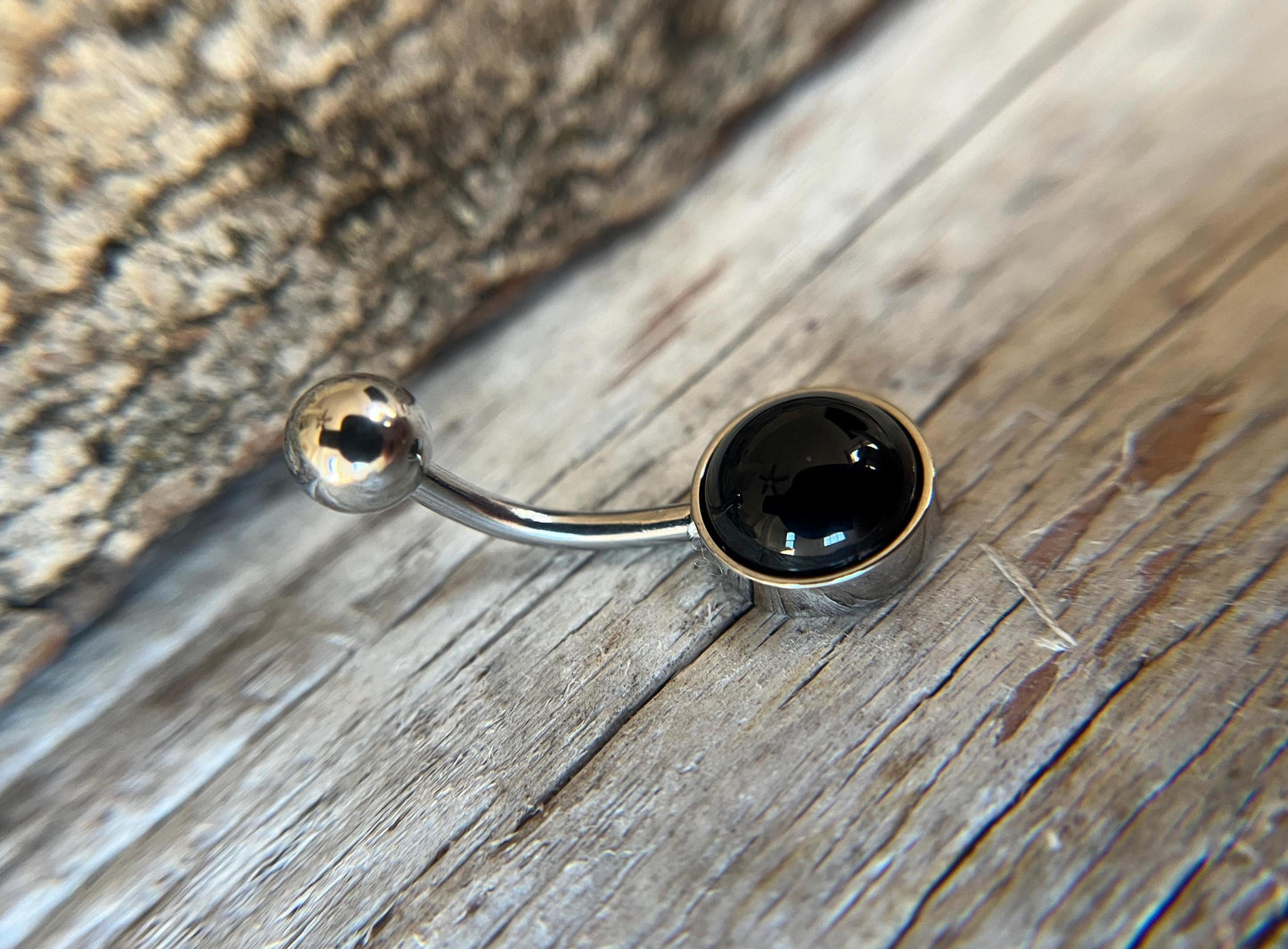 Natural Black Obsidian Volcanic Glass Belly Ring Floating Navel VCH Piercing Barbell 14G (1.6mm) Custom Length Bar Bezel Set Surgical Steel