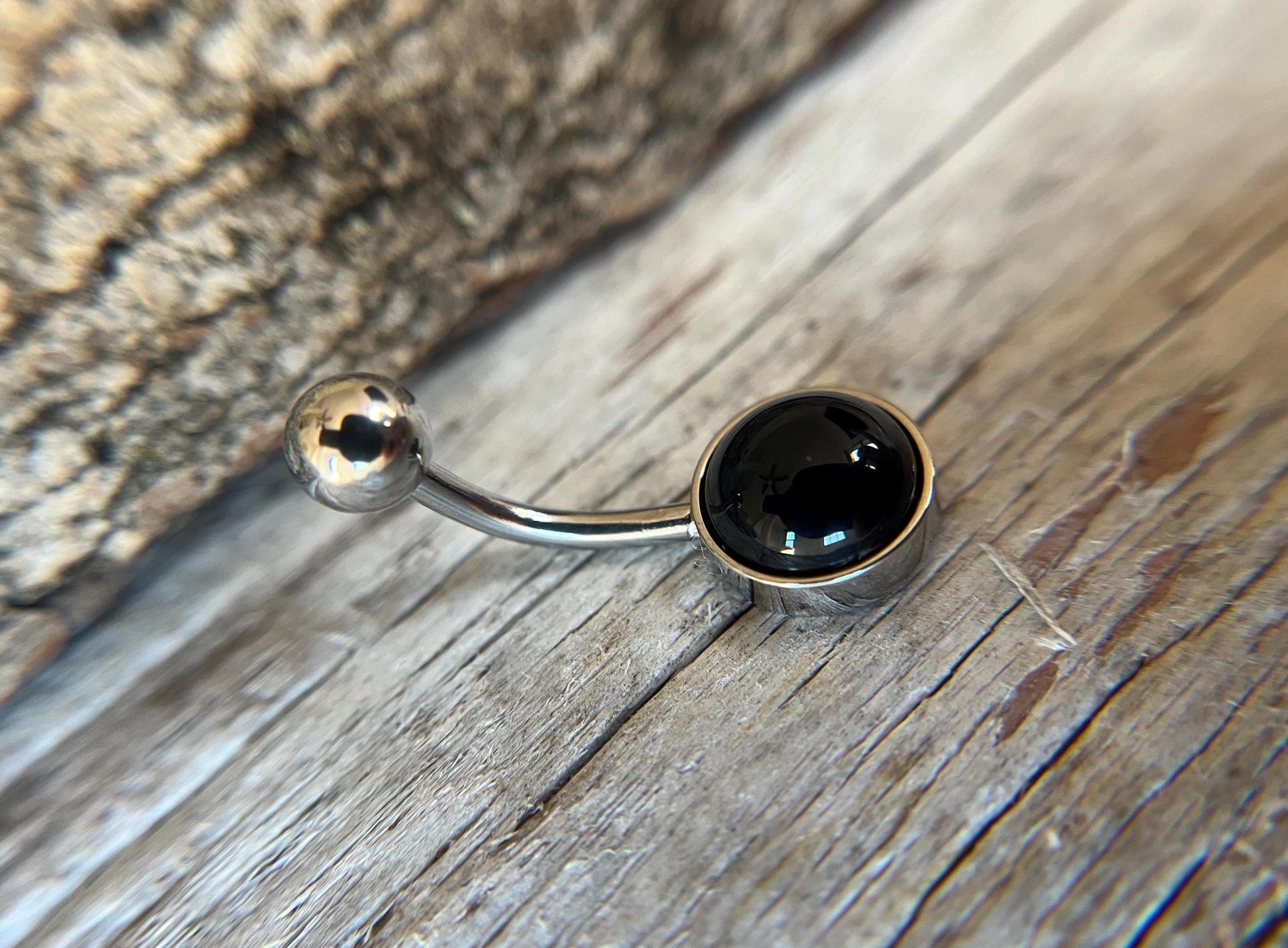 Natural Black Obsidian Volcanic Glass Belly Ring Floating Navel VCH Piercing Barbell 14G (1.6mm) Custom Length Bar Bezel Set Surgical Steel