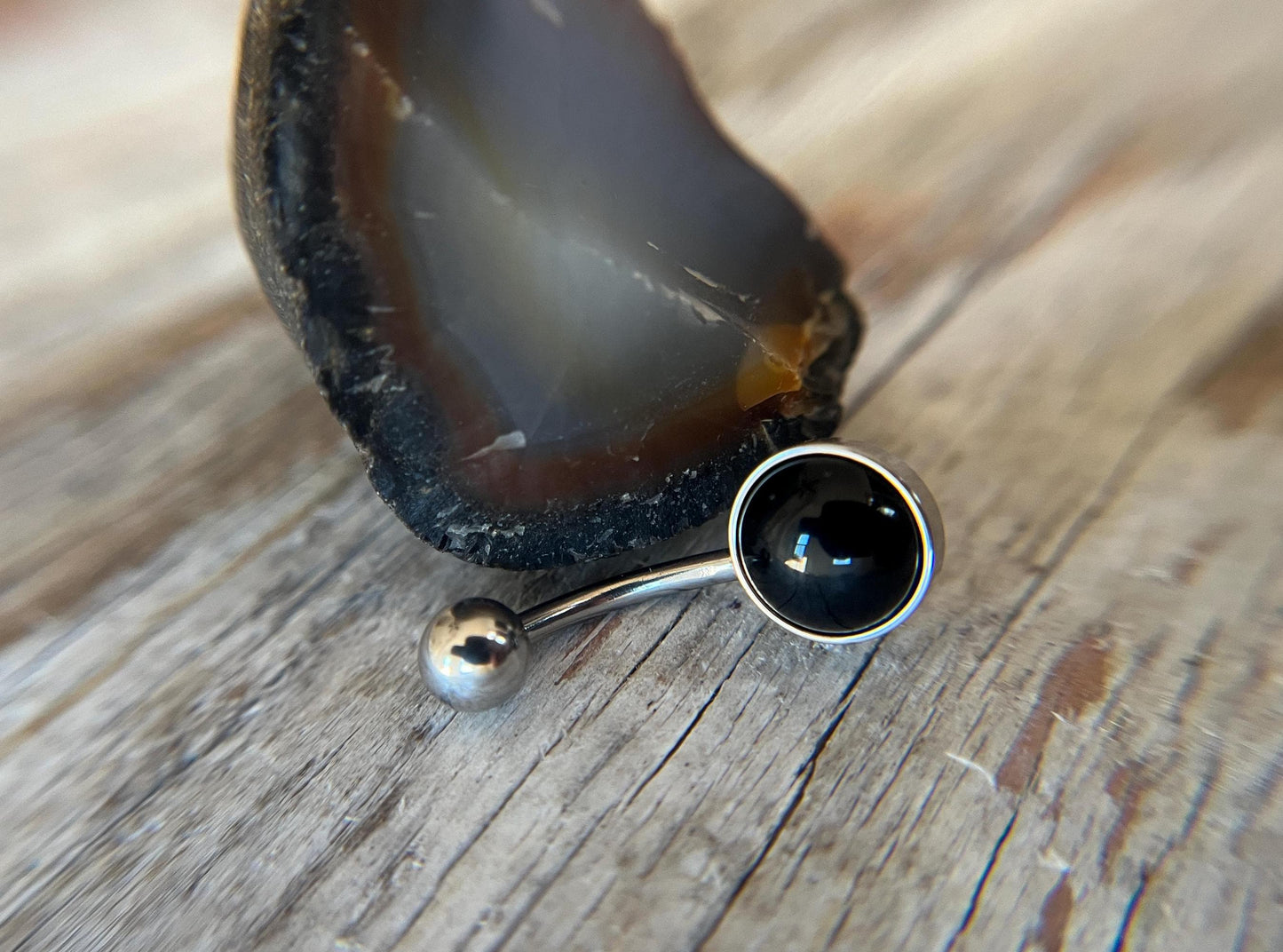 Natural Black Obsidian Volcanic Glass Belly Ring Floating Navel VCH Piercing Barbell 14G (1.6mm) Custom Length Bar Bezel Set Surgical Steel