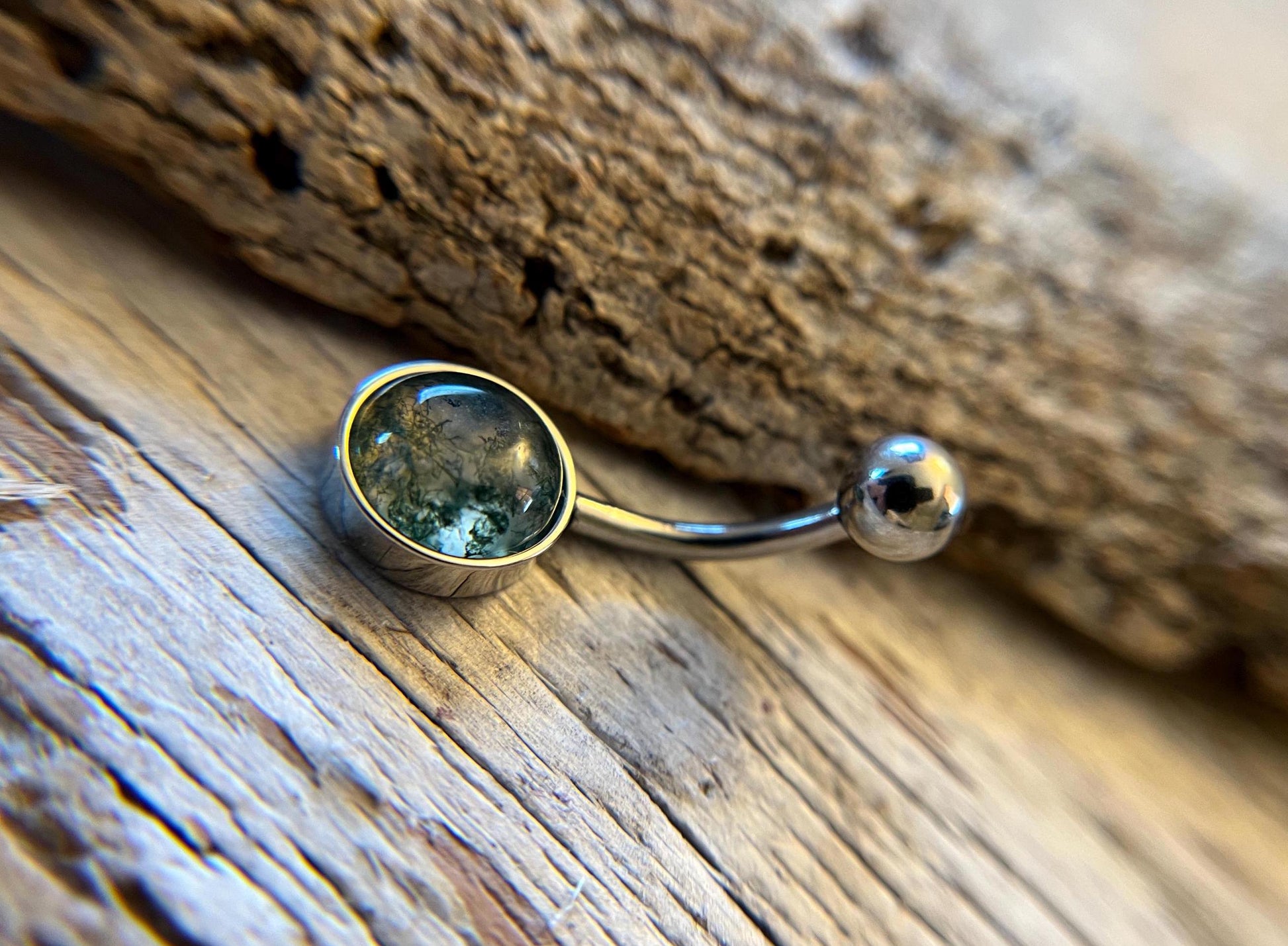 Natural Moss Agate Stone Belly Ring Floating Navel VCH Piercing Barbell 14G (1.6mm) Custom Length Bar Bezel Set 316L Surgical Steel