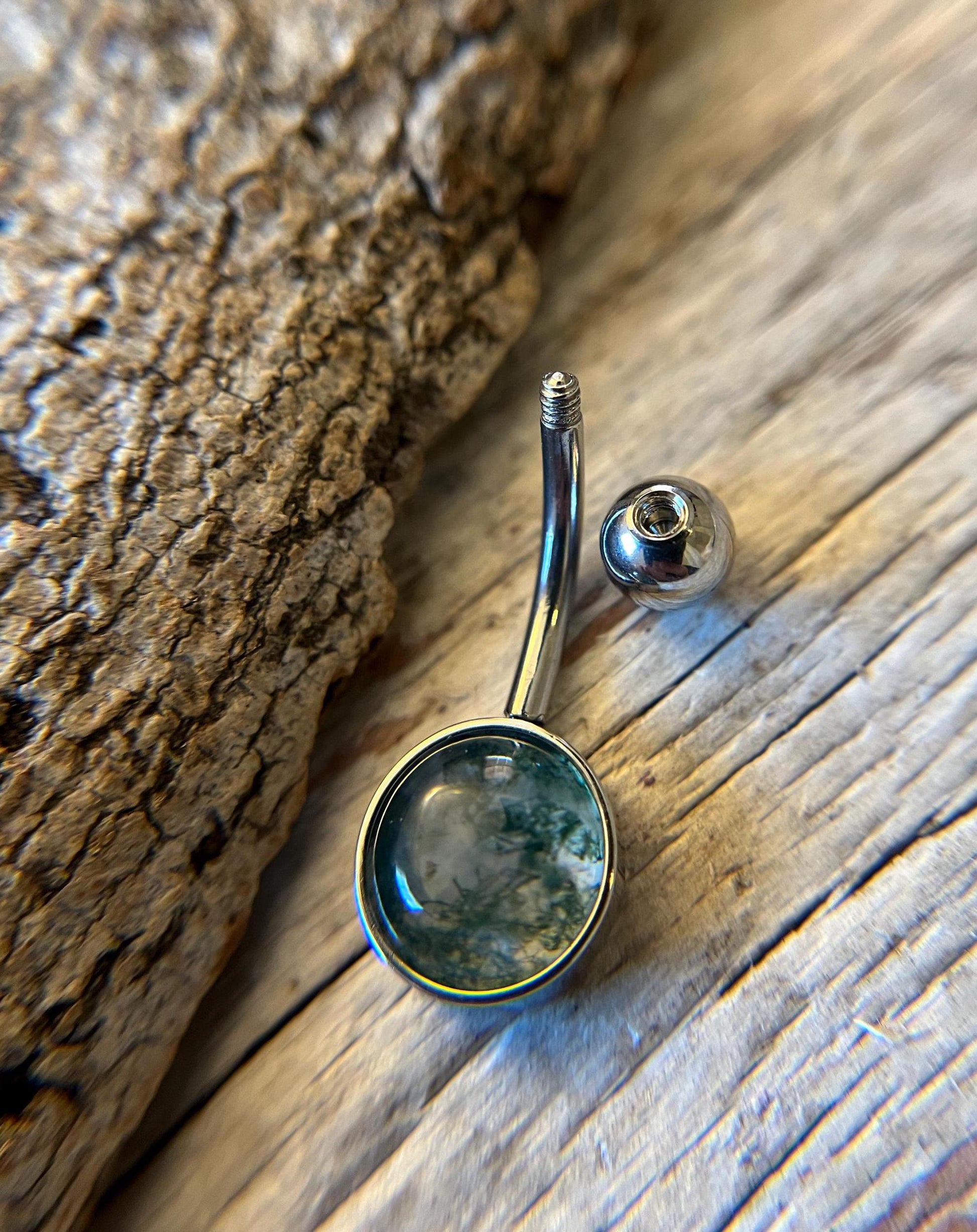 Natural Moss Agate Stone Belly Ring Floating Navel VCH Piercing Barbell 14G (1.6mm) Custom Length Bar Bezel Set 316L Surgical Steel