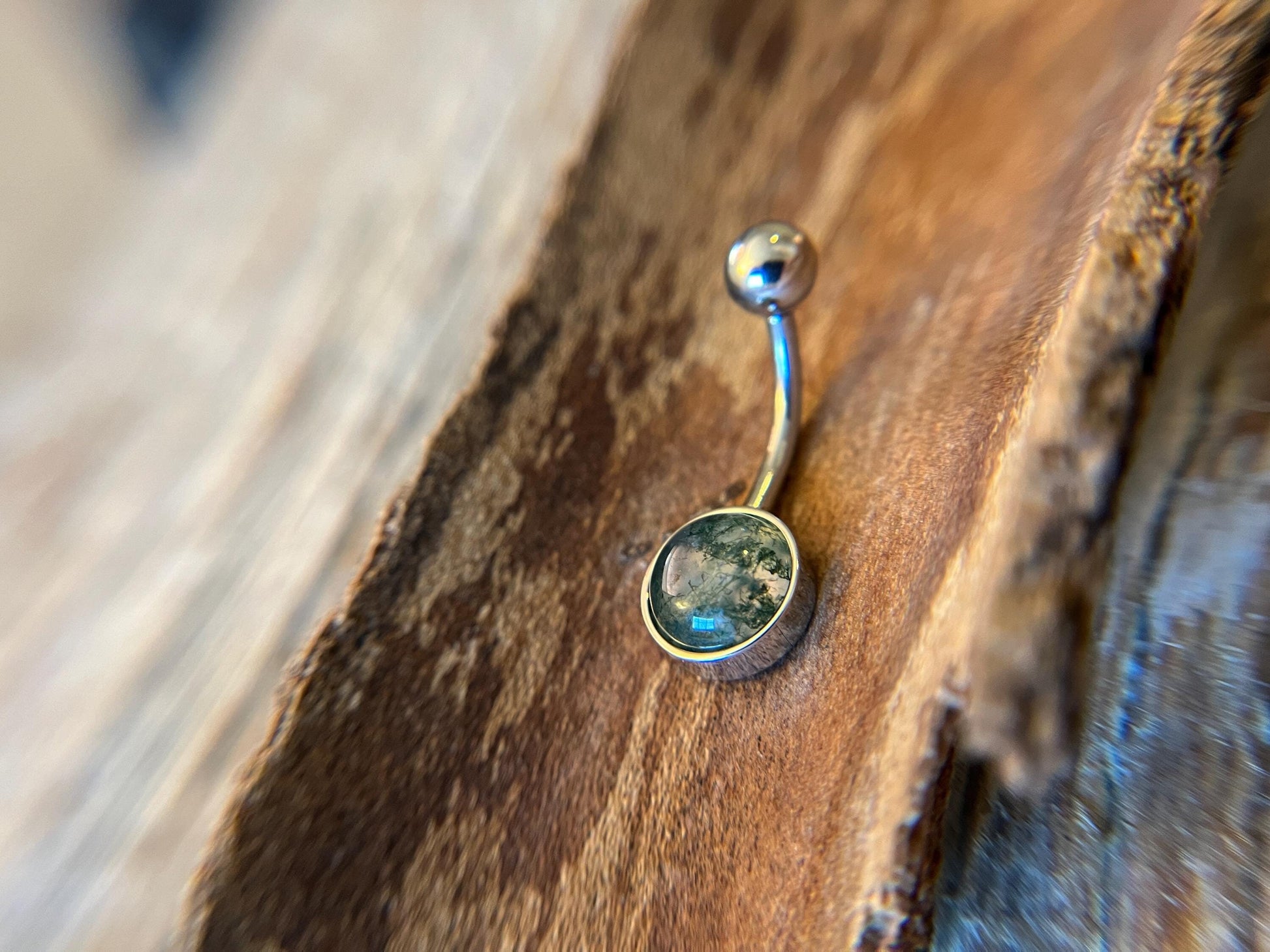 Natural Moss Agate Stone Belly Ring Floating Navel VCH Piercing Barbell 14G (1.6mm) Custom Length Bar Bezel Set 316L Surgical Steel