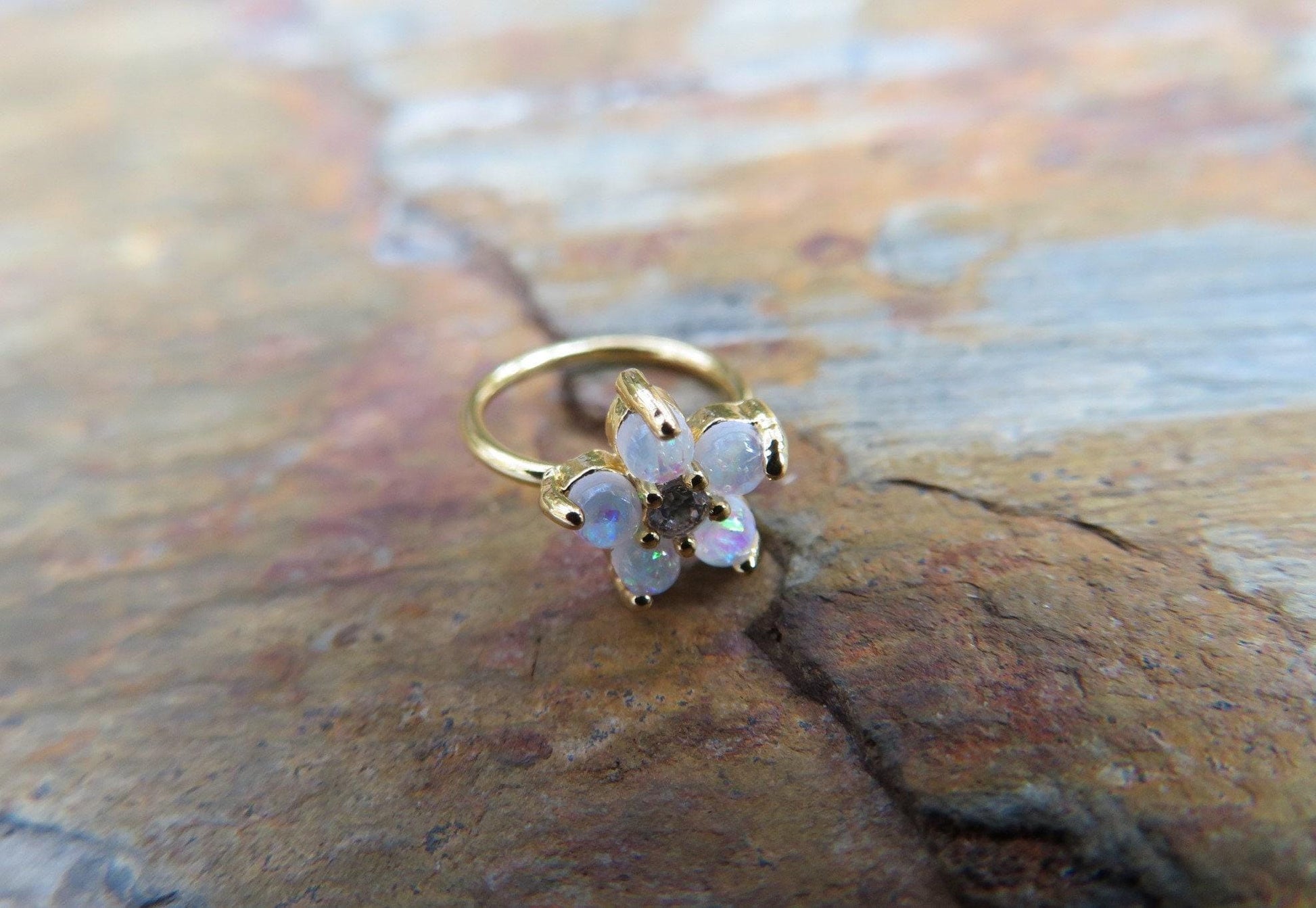 Silver Fire Opal Glitter Flower Nose Ring Hoop 20G (.81mm) Miyuki Glass Bead Nose Cartilage Tragus Piercing