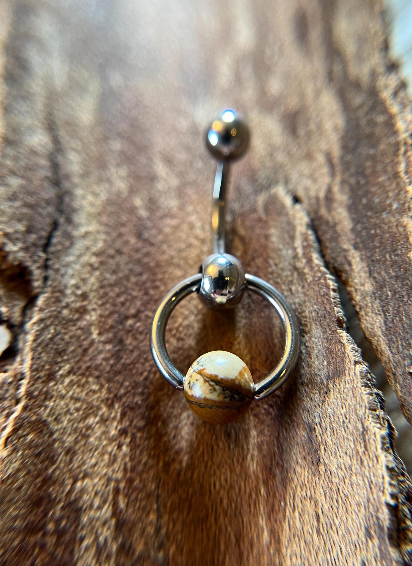 Natural Picture Jasper Stone Slave Knocker Floating Belly Navel VCH Christina Barbell 14G (1.6mm) Piercing 316L Surgical Steel Bar Ring