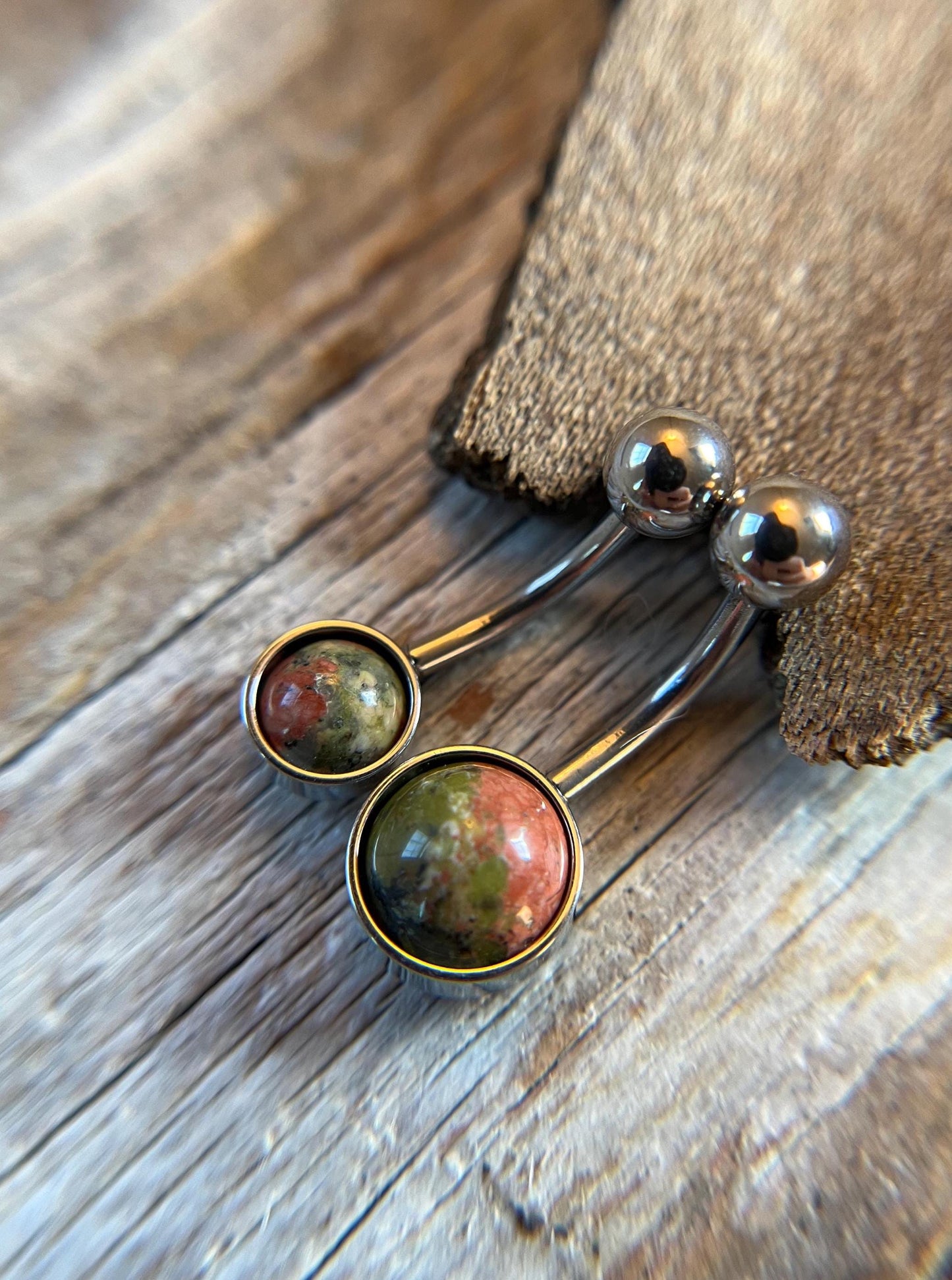 Natural Unakite Stone Belly Ring Floating Navel VCH Piercing Barbell 14G (1.6mm) Custom Length Bar Stone Size Bezel Set 316L Surgical Steel