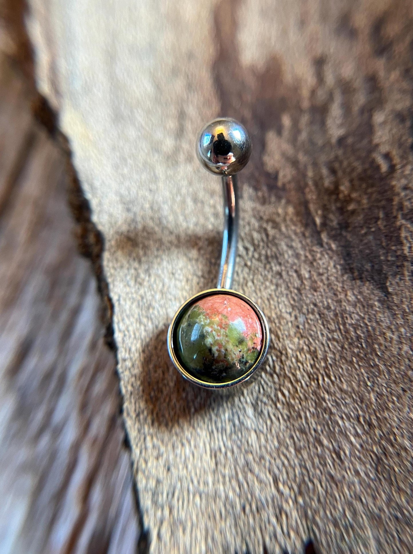 Natural Unakite Stone Belly Ring Floating Navel VCH Piercing Barbell 14G (1.6mm) Custom Length Bar Stone Size Bezel Set 316L Surgical Steel