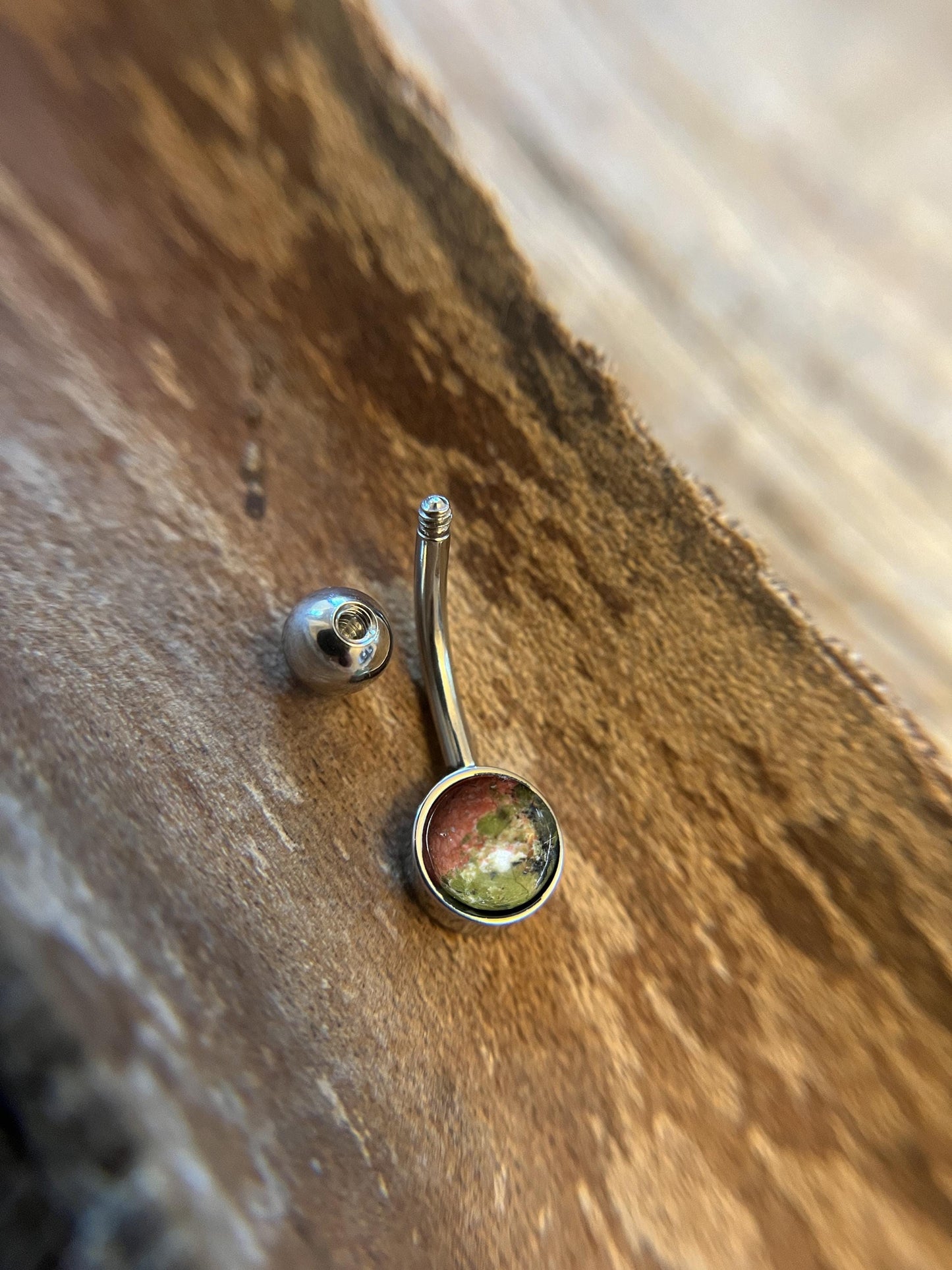 Natural Unakite Stone Belly Ring Floating Navel VCH Piercing Barbell 14G (1.6mm) Custom Length Bar Stone Size Bezel Set 316L Surgical Steel