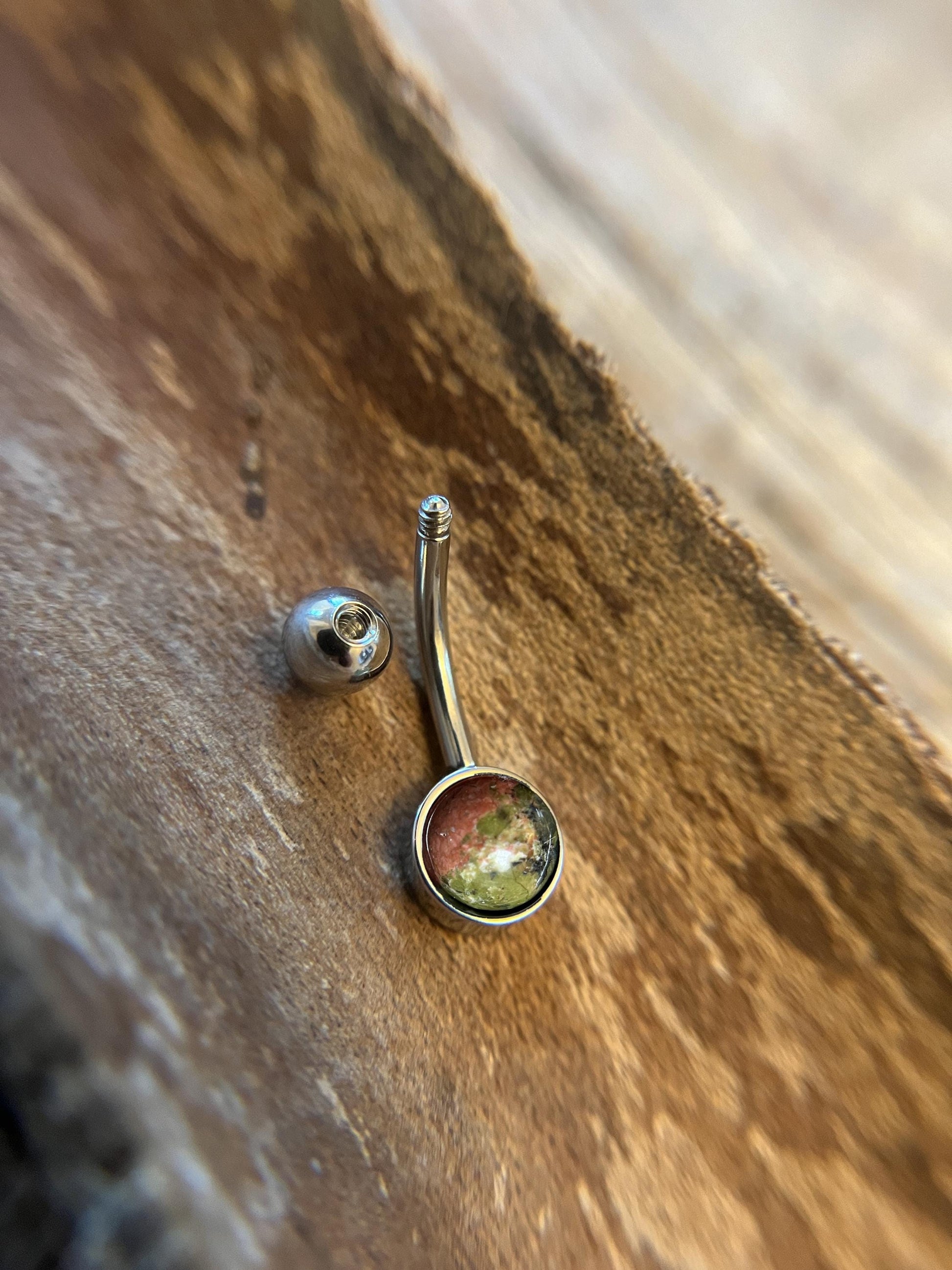Natural Unakite Stone Belly Ring Floating Navel VCH Piercing Barbell 14G (1.6mm) Custom Length Bar Stone Size Bezel Set 316L Surgical Steel