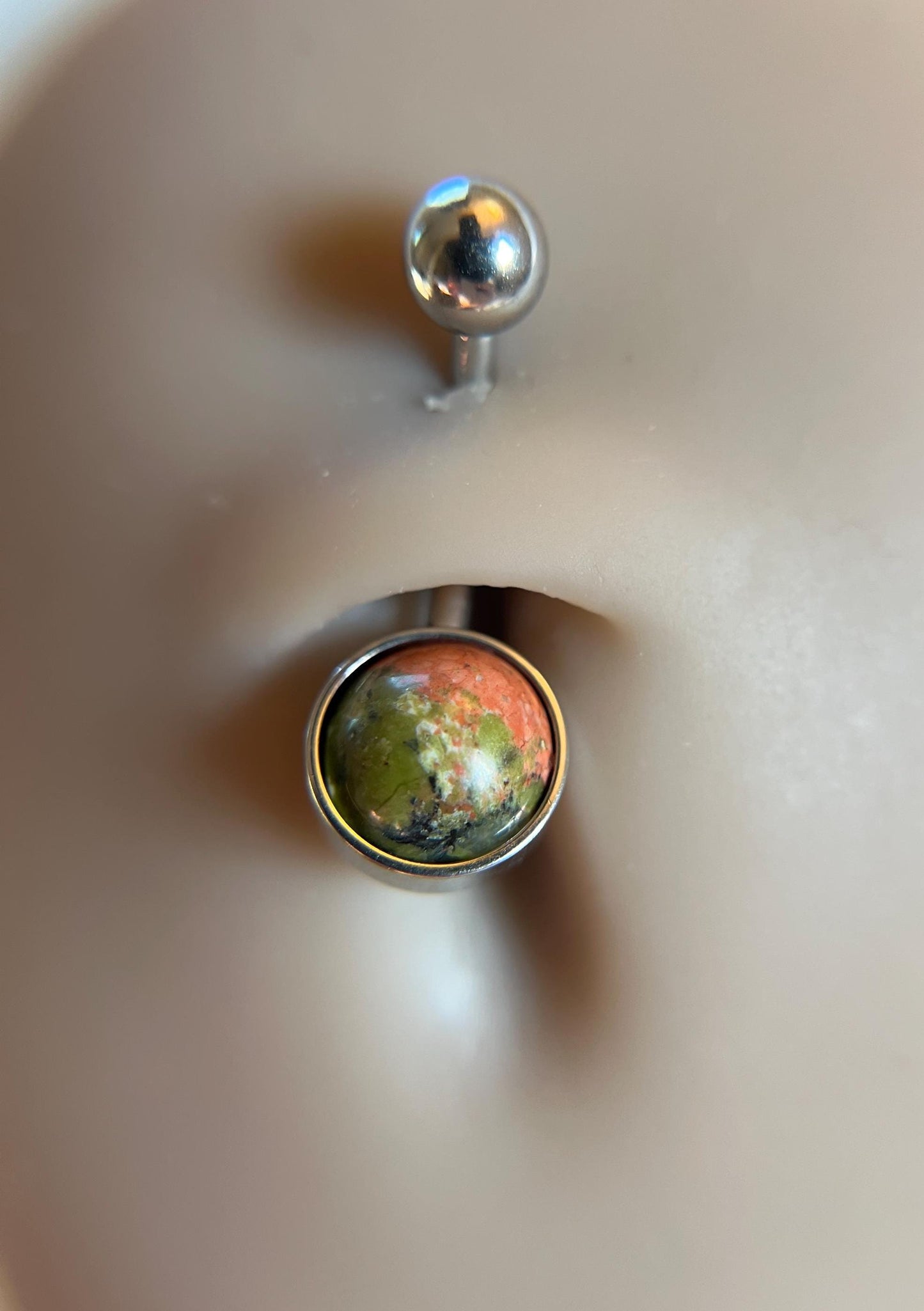 Natural Unakite Stone Belly Ring Floating Navel VCH Piercing Barbell 14G (1.6mm) Custom Length Bar Stone Size Bezel Set 316L Surgical Steel