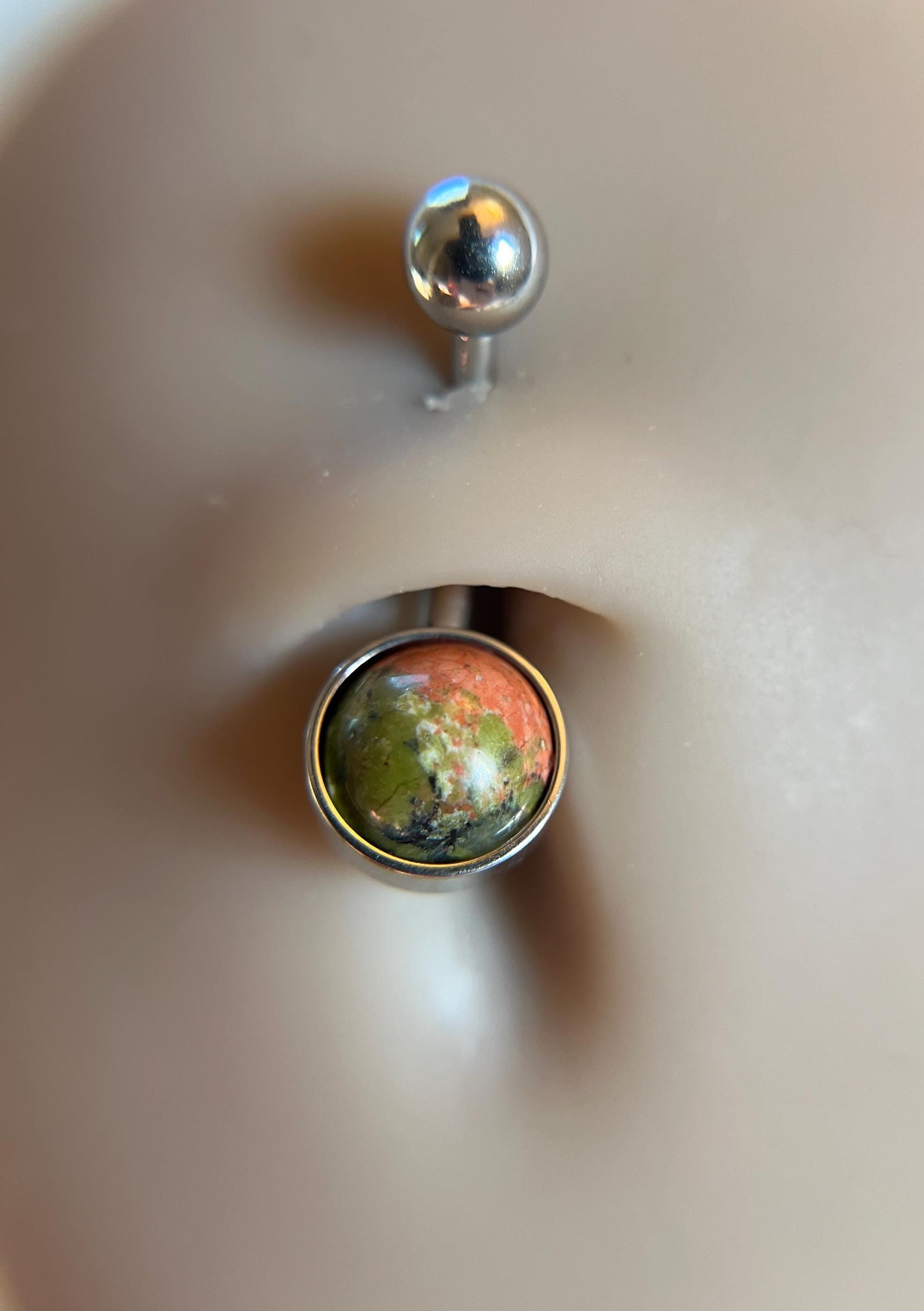 Natural Unakite Stone Belly Ring Floating Navel VCH Piercing Barbell 14G (1.6mm) Custom Length Bar Stone Size Bezel Set 316L Surgical Steel