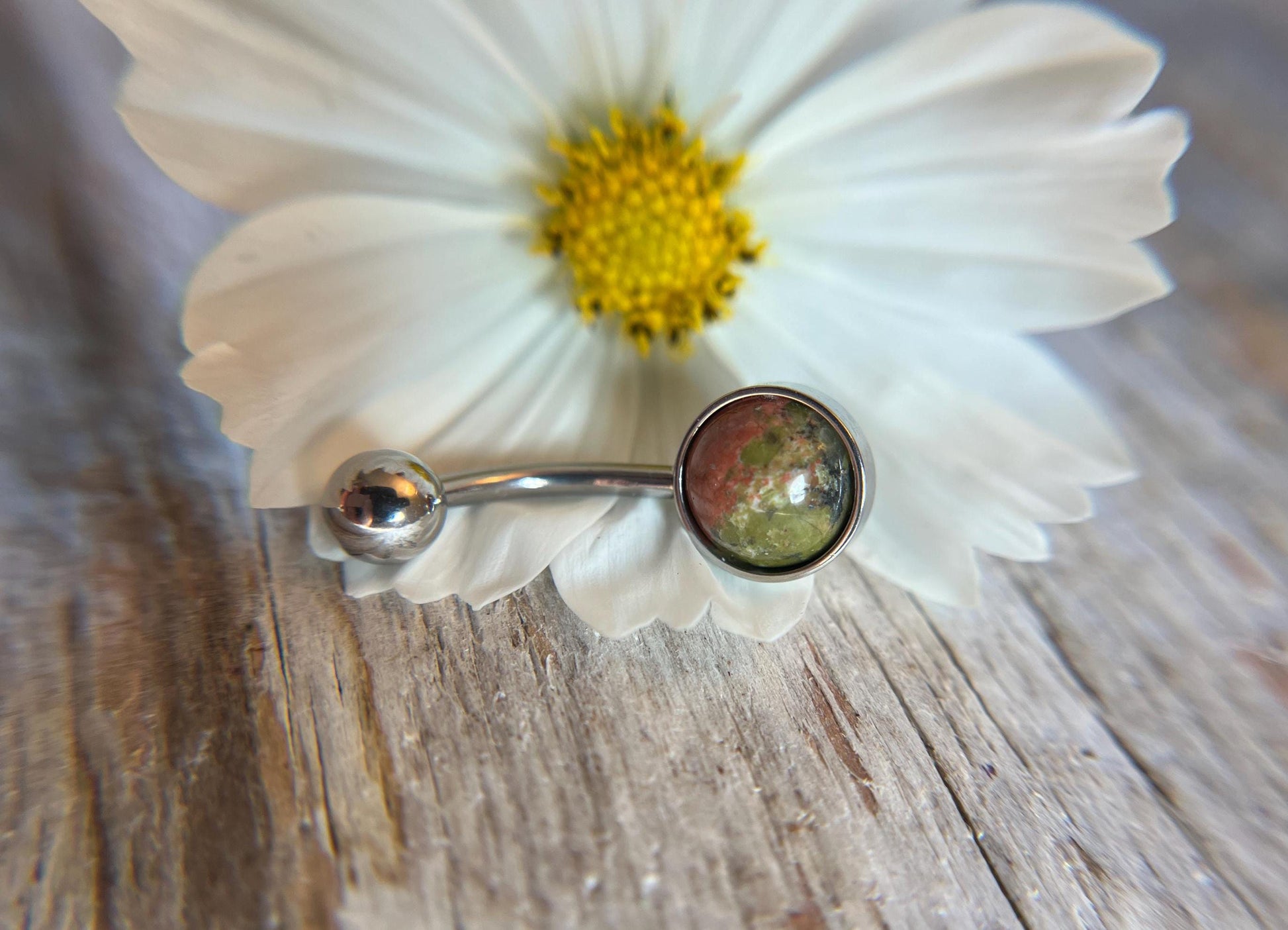 Natural Unakite Stone Belly Ring Floating Navel VCH Piercing Barbell 14G (1.6mm) Custom Length Bar Stone Size Bezel Set 316L Surgical Steel