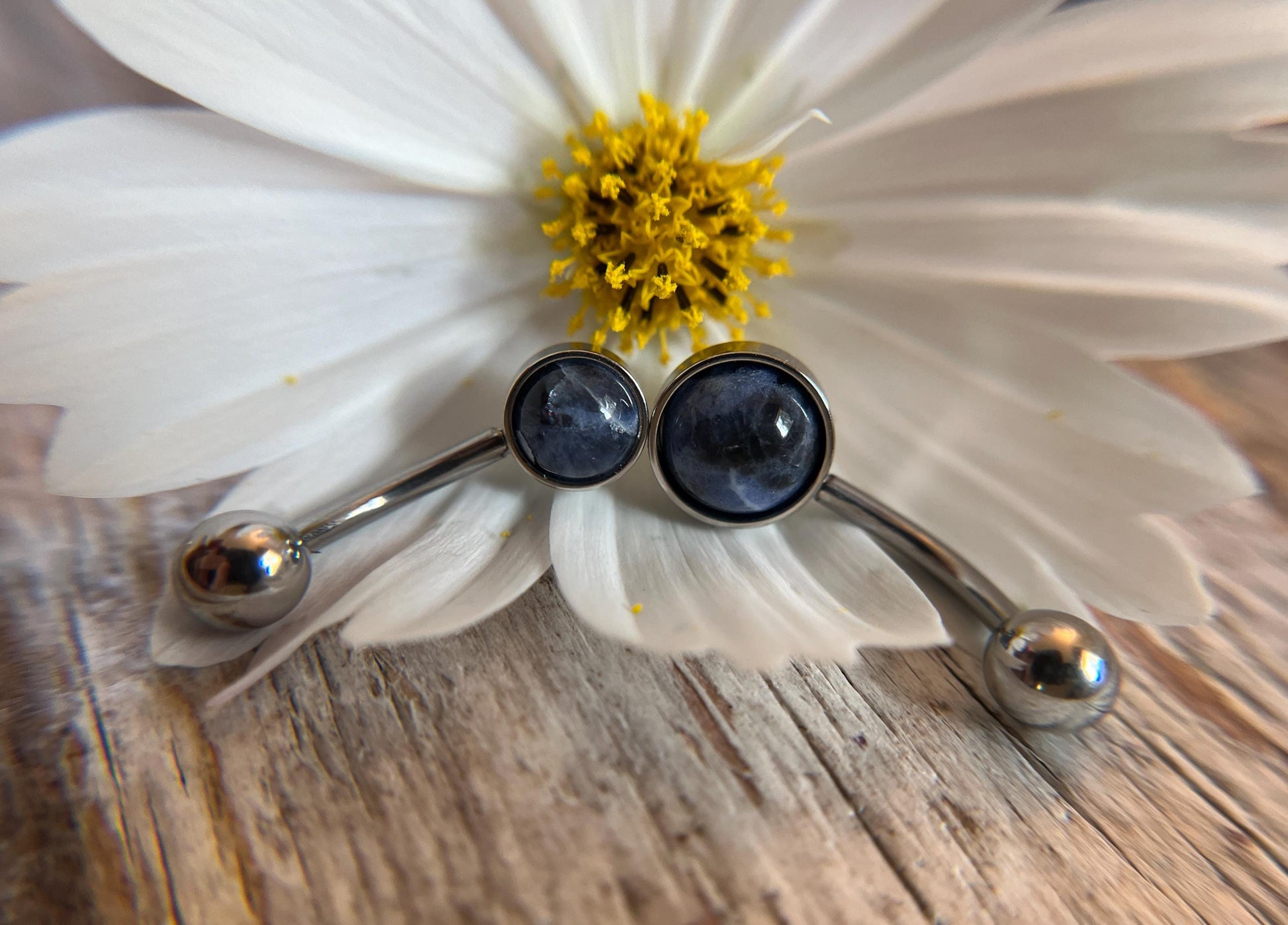Natural Sodalite Stone Belly Ring Floating Navel VCH Piercing Barbell 14G (1.6mm) Custom Length Bar Size Bezel Set 316L Surgical Steel