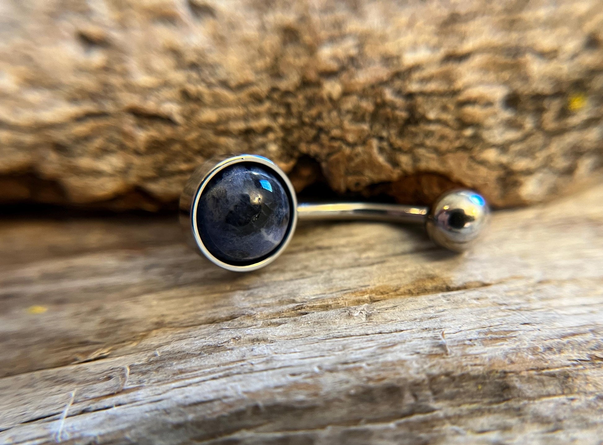 Natural Sodalite Stone Belly Ring Floating Navel VCH Piercing Barbell 14G (1.6mm) Custom Length Bar Size Bezel Set 316L Surgical Steel