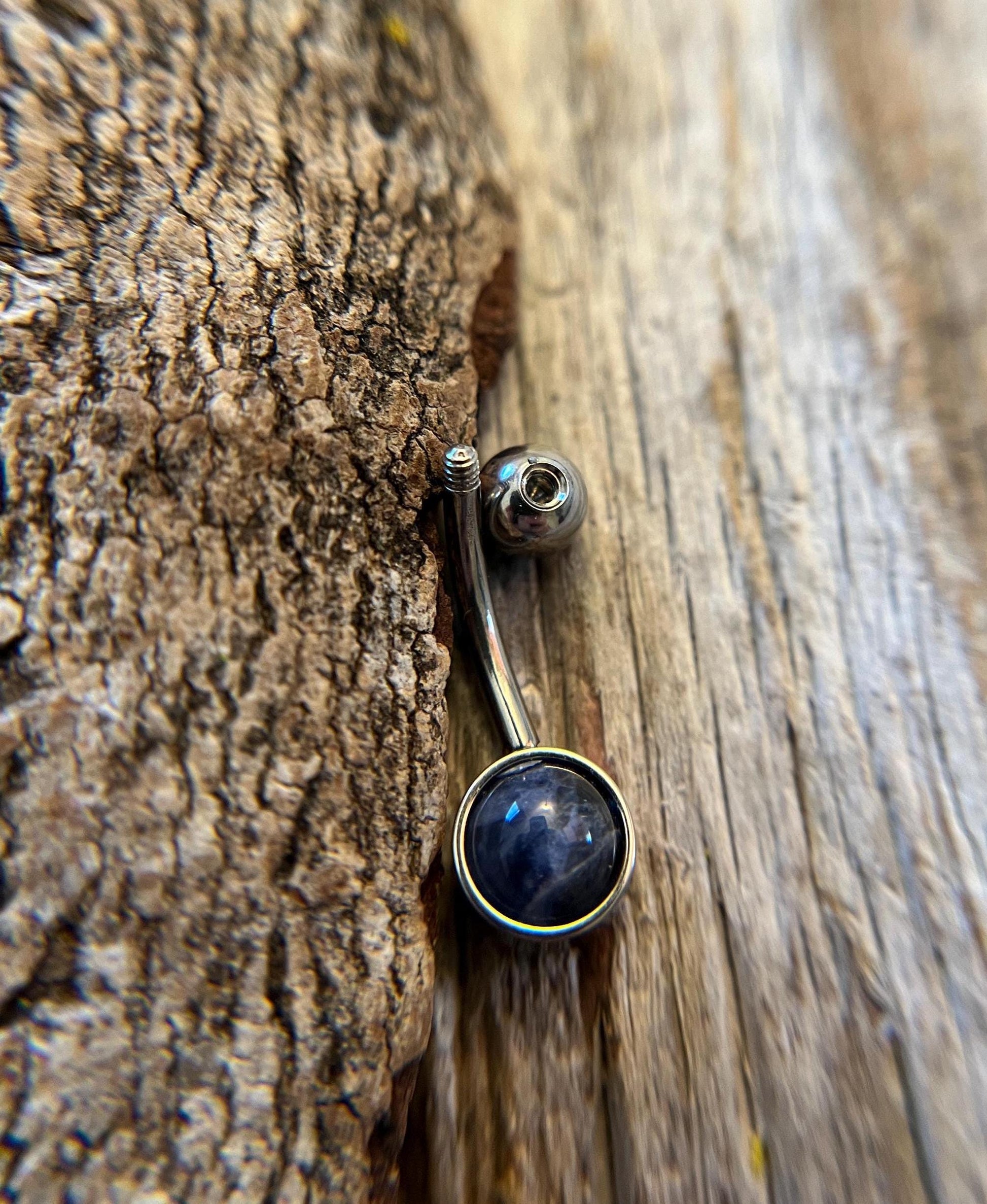 Natural Sodalite Stone Belly Ring Floating Navel VCH Piercing Barbell 14G (1.6mm) Custom Length Bar Size Bezel Set 316L Surgical Steel