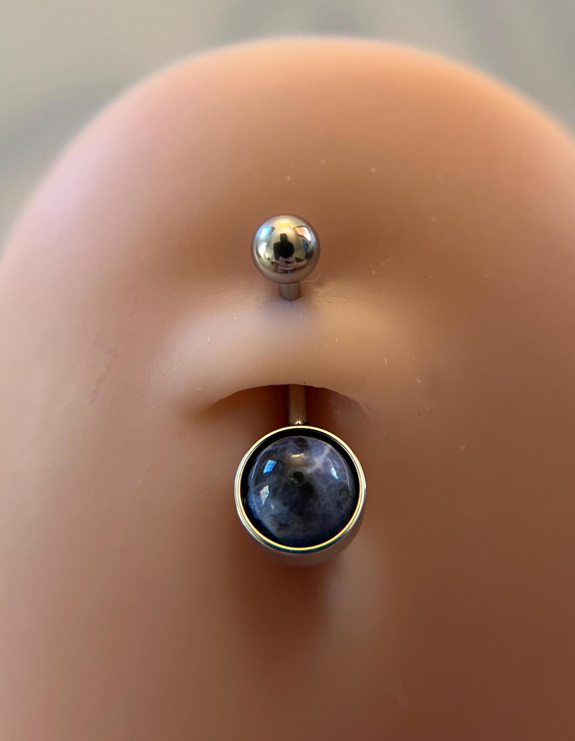 Natural Sodalite Stone Belly Ring Floating Navel VCH Piercing Barbell 14G (1.6mm) Custom Length Bar Size Bezel Set 316L Surgical Steel