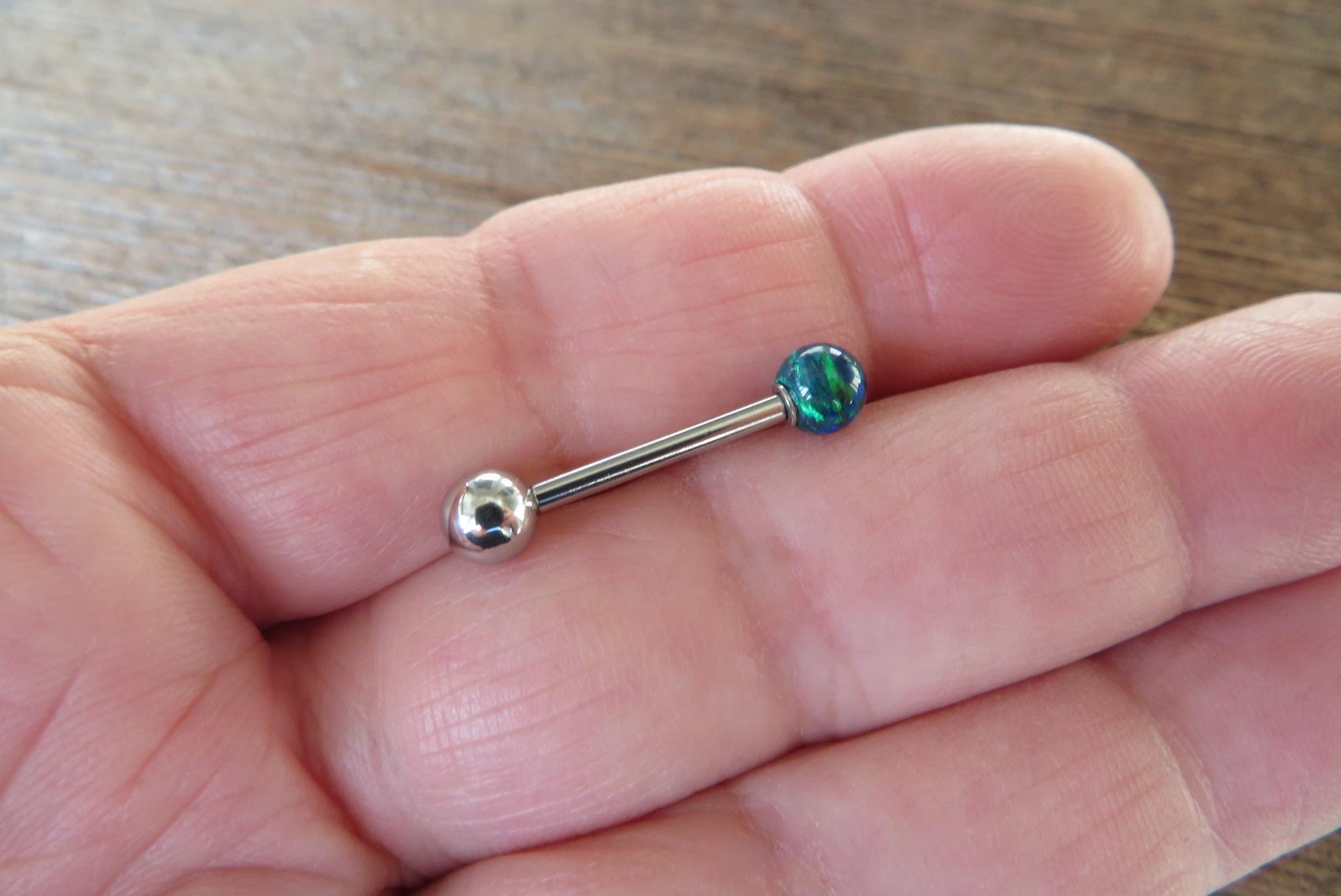 Light Baby Blue Fire Opal Solid 316L Surgical Steel or Implant Grade Titanium Stone Barbell Tongue Ring 14G (1.6mm) Piercing Custom Length