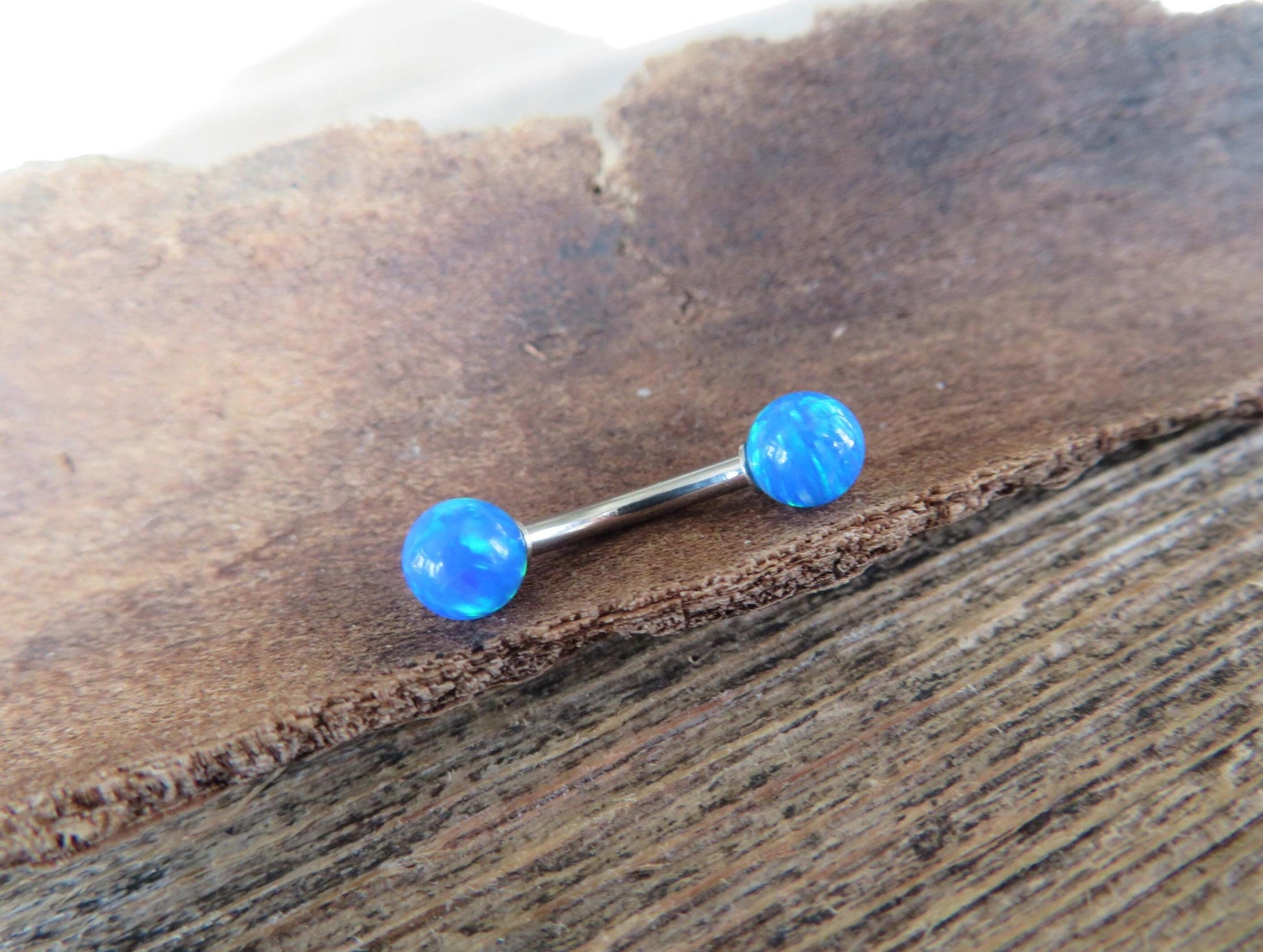 Ocean Blue Fire Opal Stone Surgical Steel or Solid Titanium Custom Length Floating Belly Ring Curve VCH Piercing 14G (1.6mm) Curved Barbell