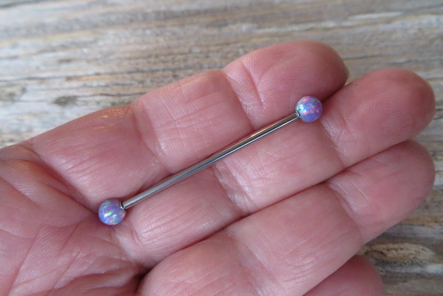 White Fire Opal Stone Surgical Steel or Solid Titanium Custom Length Industrial Scaffold Piercing Bar 14G (1.6mm) Barbell Hypoallergenic