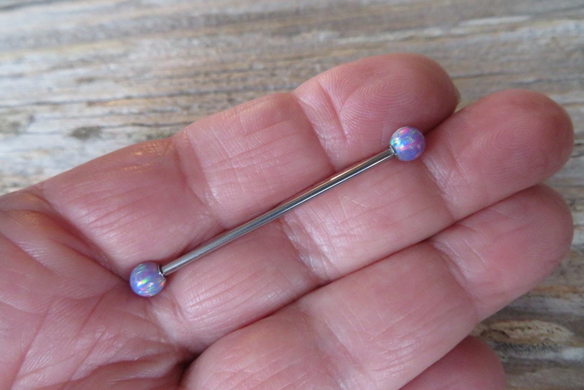 White Fire Opal Stone Surgical Steel or Solid Titanium Custom Length Industrial Scaffold Piercing Bar 14G (1.6mm) Barbell Hypoallergenic