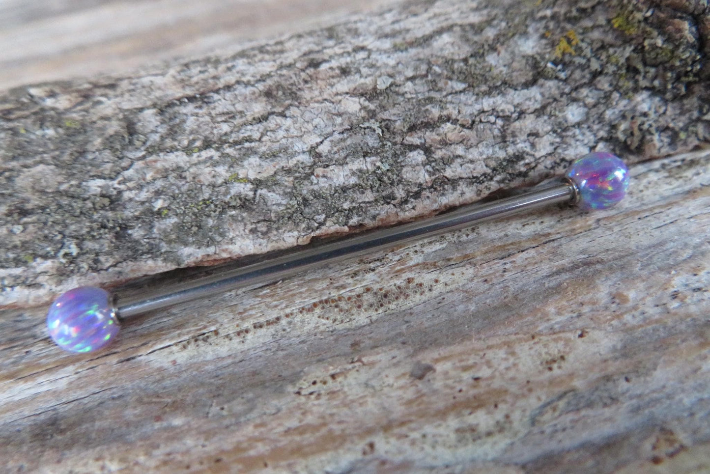 Lavender Fire Opal Stone Surgical Steel or Solid Titanium Custom Length Industrial Scaffold Piercing Bar 14G (1.6mm) Barbell Hypoallergenic