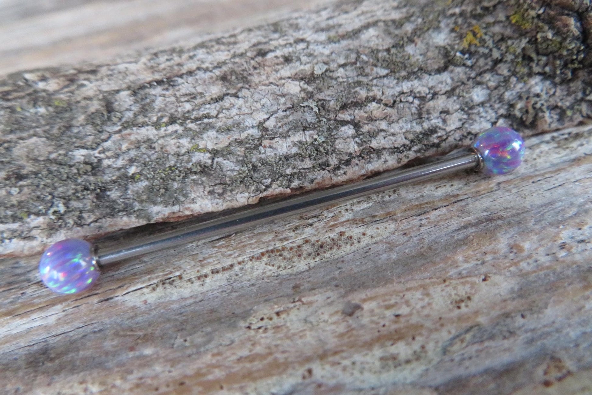 Lavender Fire Opal Stone Surgical Steel or Solid Titanium Custom Length Industrial Scaffold Piercing Bar 14G (1.6mm) Barbell Hypoallergenic