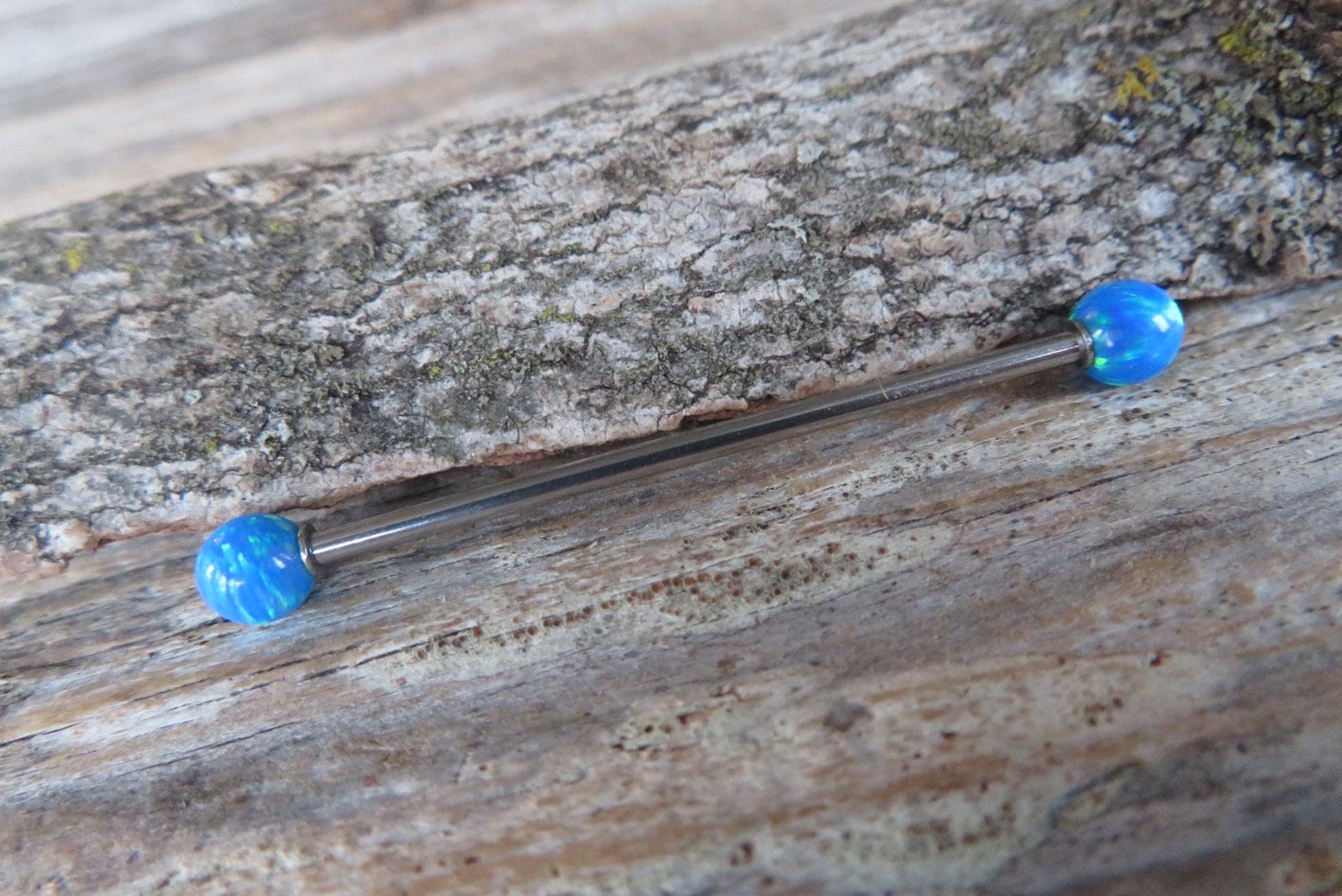 Ocean Blue Fire Opal Stone Surgical Steel or Solid Titanium Custom Length Industrial Scaffold Piercing 14G (1.6mm) Barbell Hypoallergenic