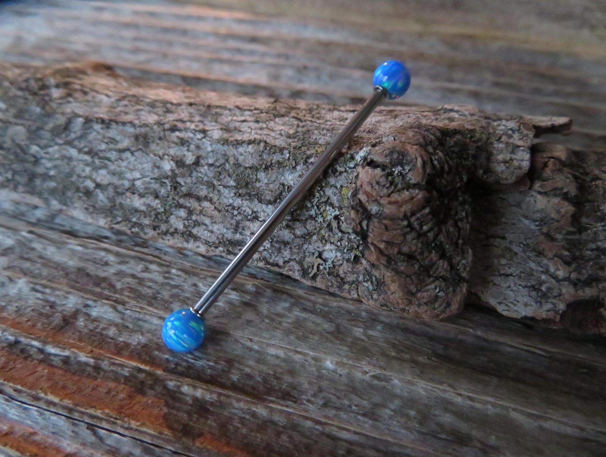 Ocean Blue Fire Opal Stone Surgical Steel or Solid Titanium Custom Length Industrial Scaffold Piercing 14G (1.6mm) Barbell Hypoallergenic
