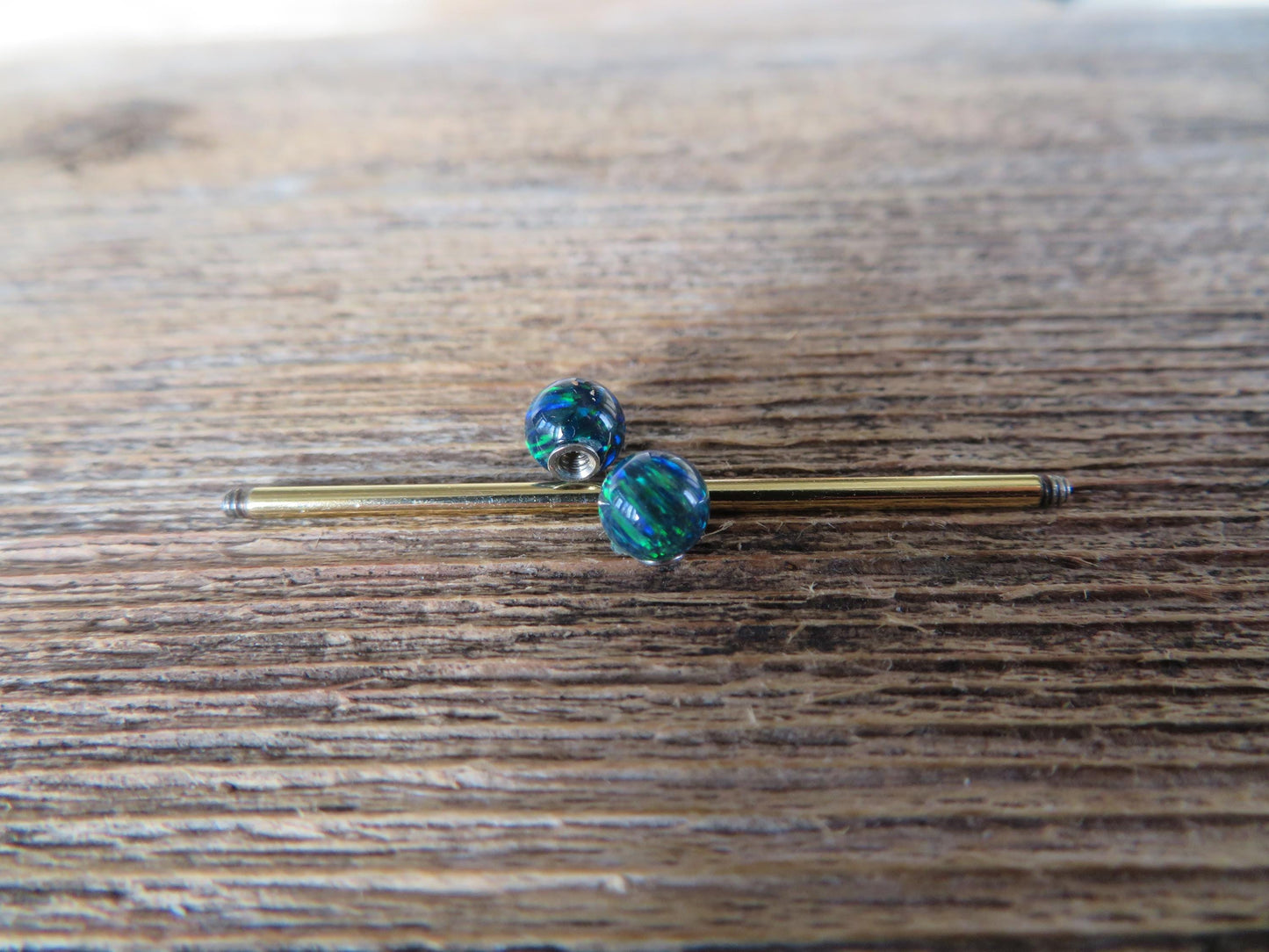 Ocean Blue Fire Opal Stone Gold Titanium Ion Plated Custom Bar Length Industrial Scaffold Piercing Barbell 14G (1.6mm) 14 Gauge