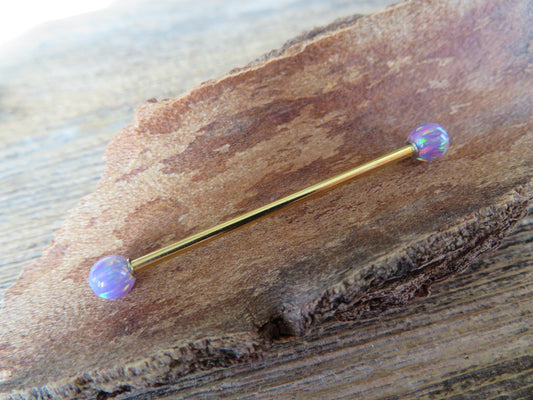 Lavender Purple Fire Opal Stone Gold Titanium Ion Plated Custom Bar Length Industrial Scaffold Piercing Barbell 14G (1.6mm) 14 Gauge