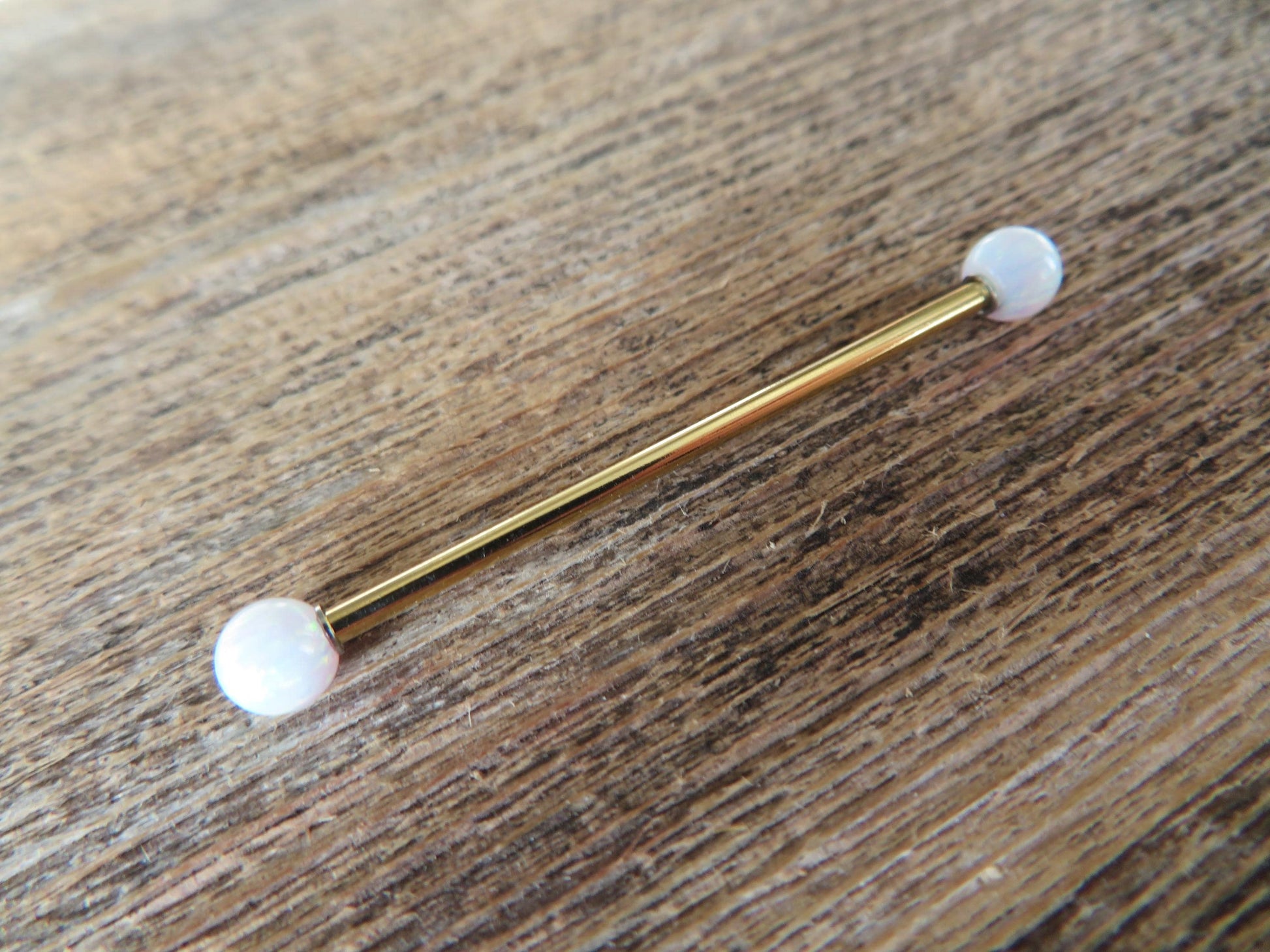 White Fire Opal Stone Gold Titanium Ion Plated Custom Bar Length Industrial Scaffold Piercing Barbell 14G (1.6mm) 14 Gauge Rainbow Flash