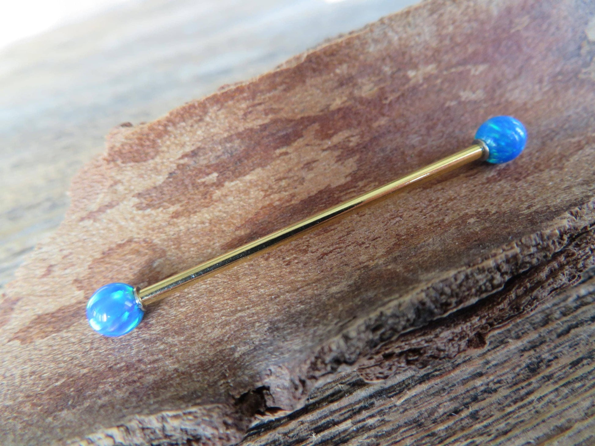 Light Blue Fire Opal Stone Gold Titanium Ion Plated Custom Bar Length Industrial Scaffold Piercing Barbell 14G (1.6mm) 14 Gauge